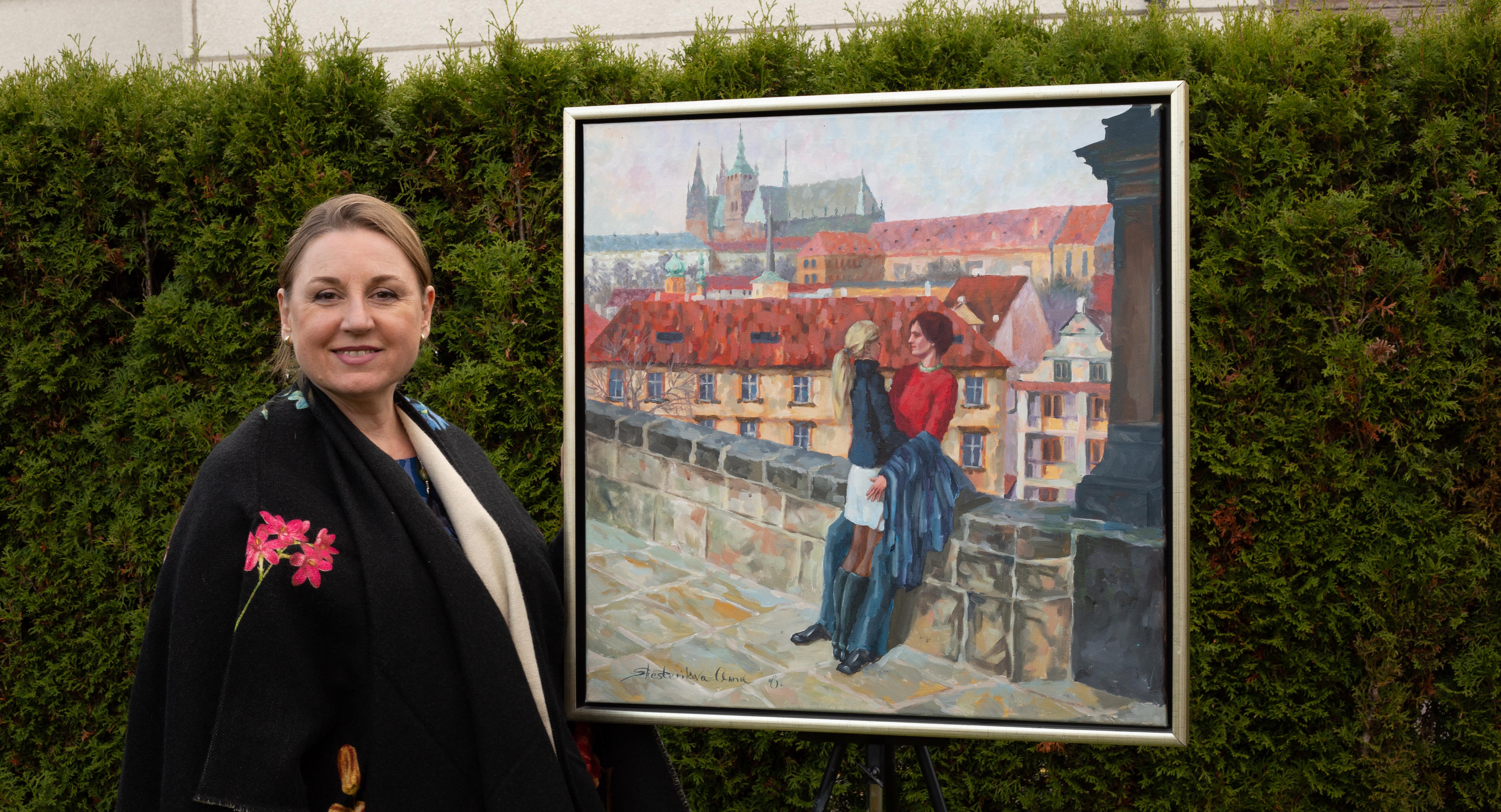 Prague - City of Love. Square, impressionism, landscape, figurative, two - Post-Impressionist Painting by Anna Shesterikova