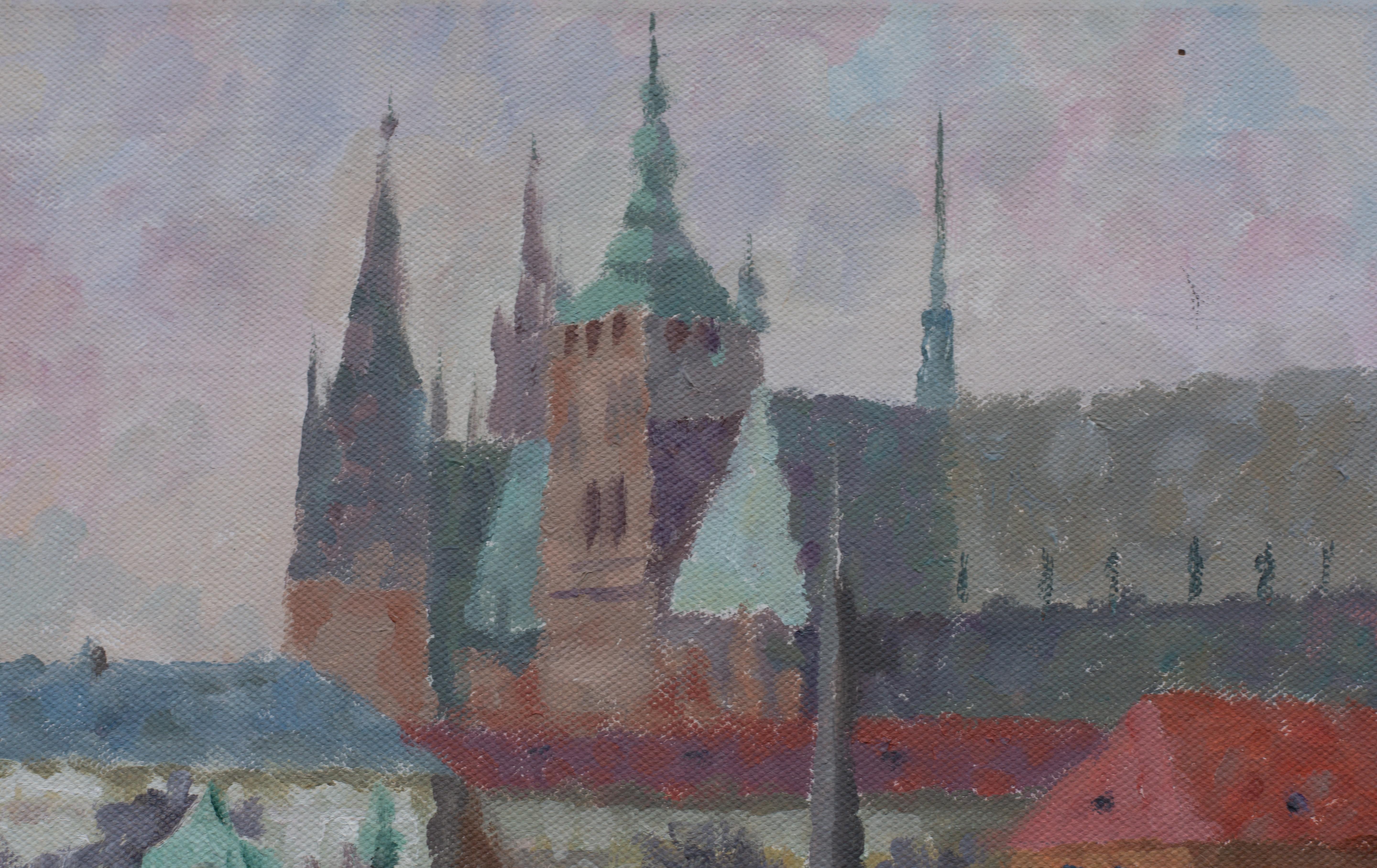 Prague - City of Love. Square, impressionism, landscape, figurative, two For Sale 2
