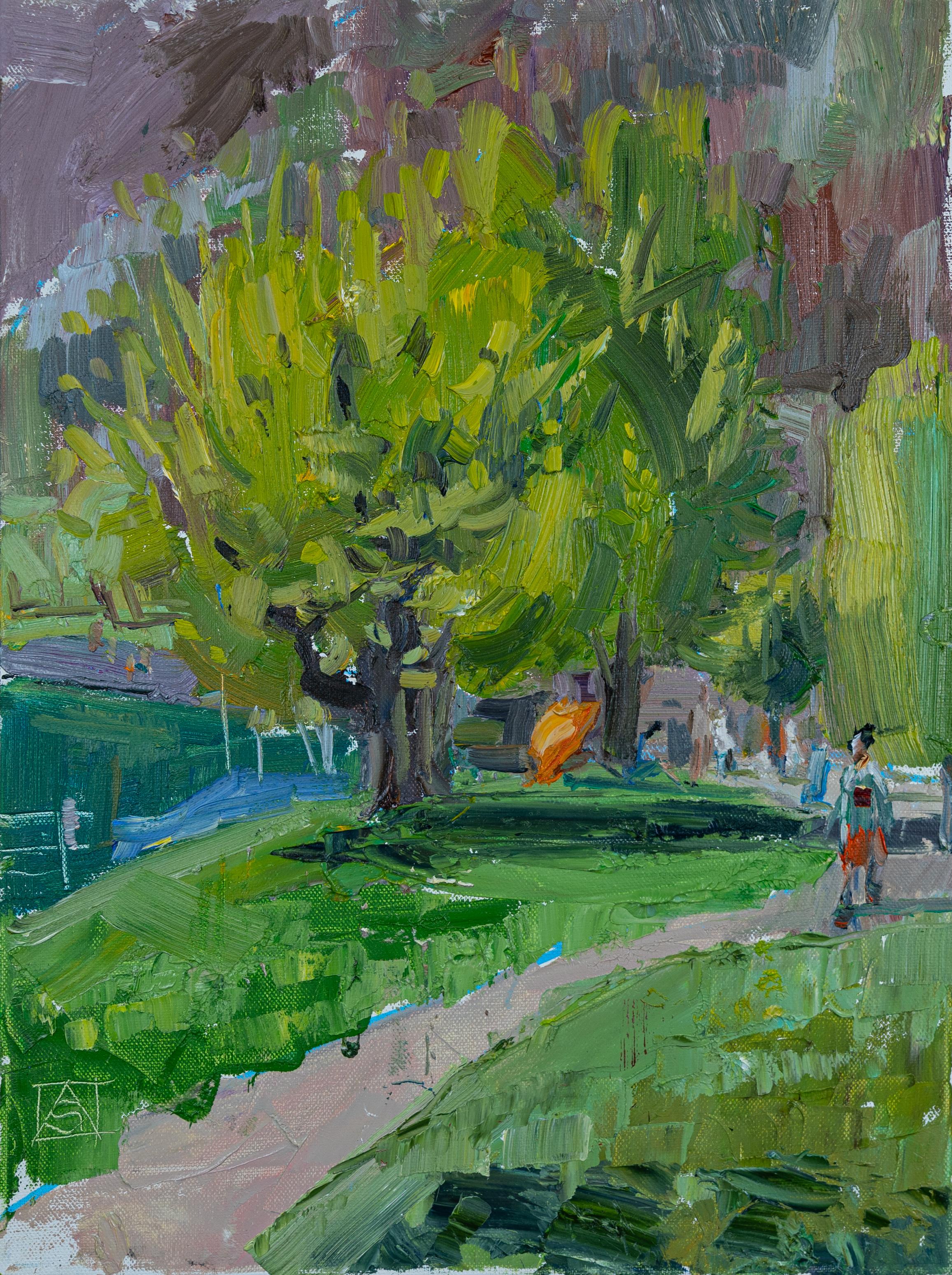 Anna Shesterikova Landscape Painting - Promenade Along The Walensee. Landscape in oil. Lake, mountains. Impressionism.