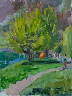 Promenade am Walensee. Landschaft in Öl. See, Berge. Impressionismus.