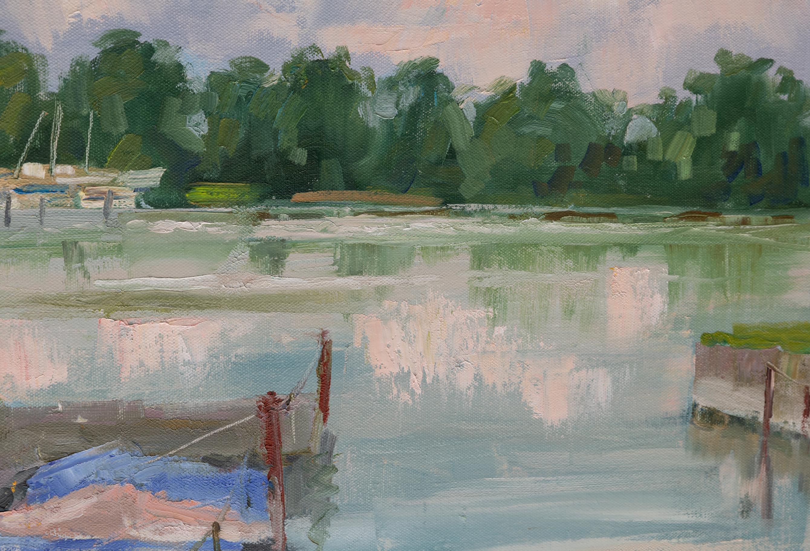 Quiet Marina. Oil, impressionism, horizontal, yachts, boats, lake For Sale 5