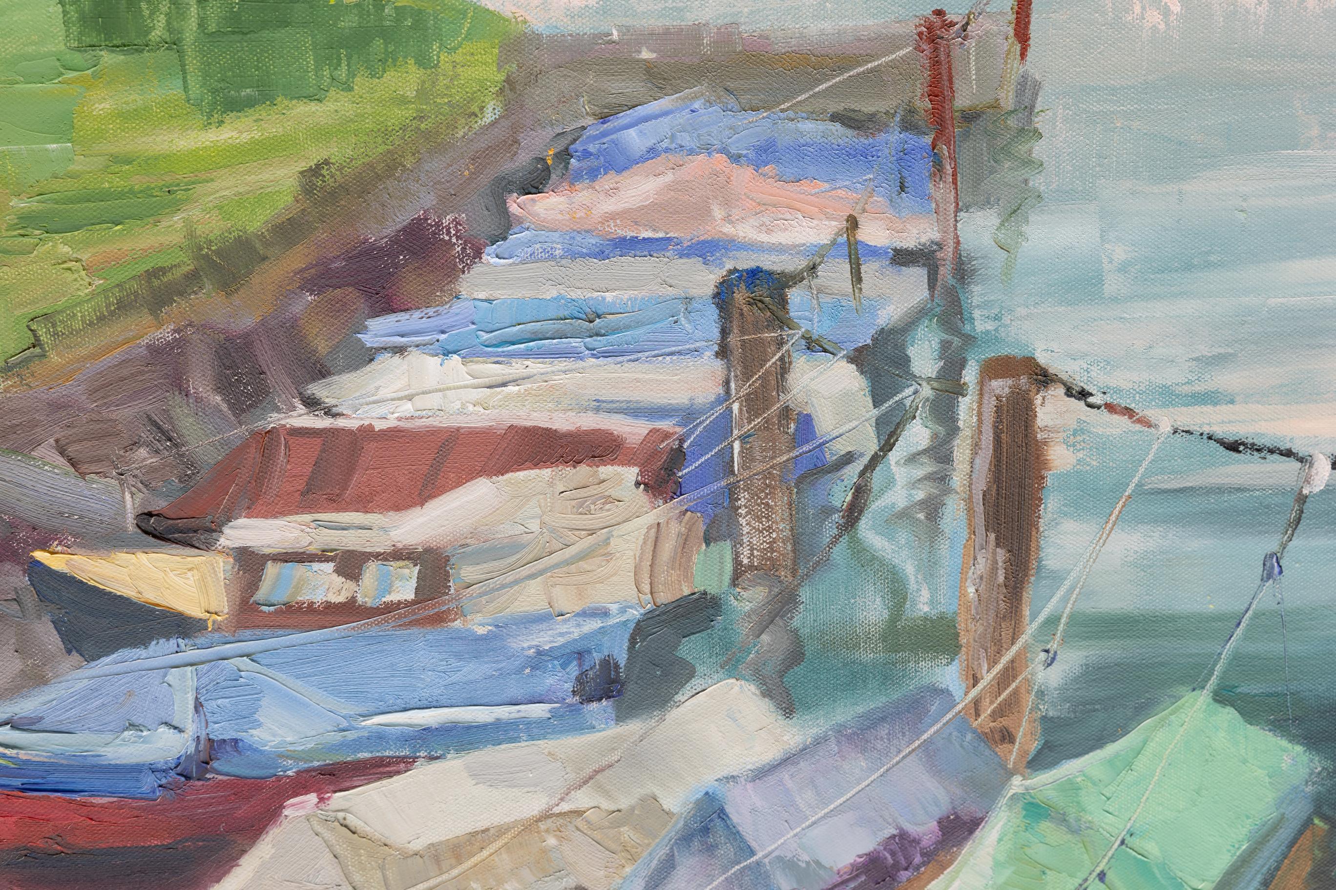 Quiet Marina. Oil, impressionism, horizontal, yachts, boats, lake For Sale 6