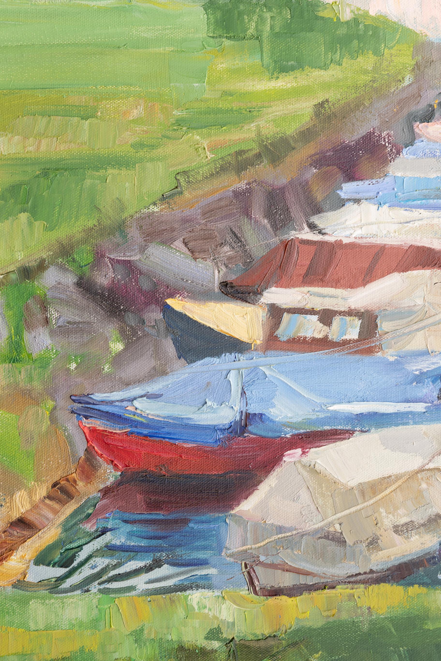 Quiet Marina. Oil, impressionism, horizontal, yachts, boats, lake For Sale 7