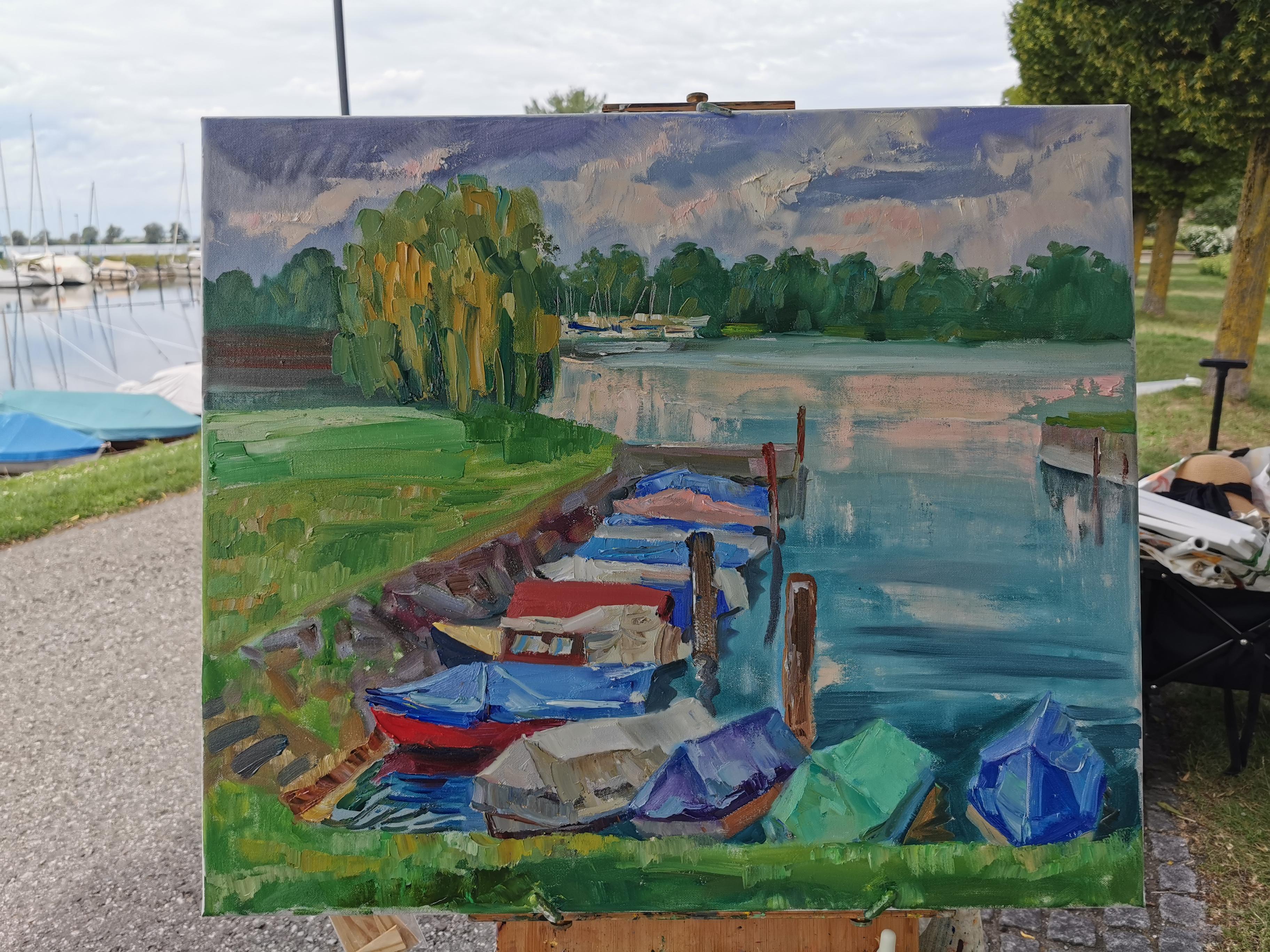 Quiet Marina. Oil, impressionism, horizontal, yachts, boats, lake For Sale 8