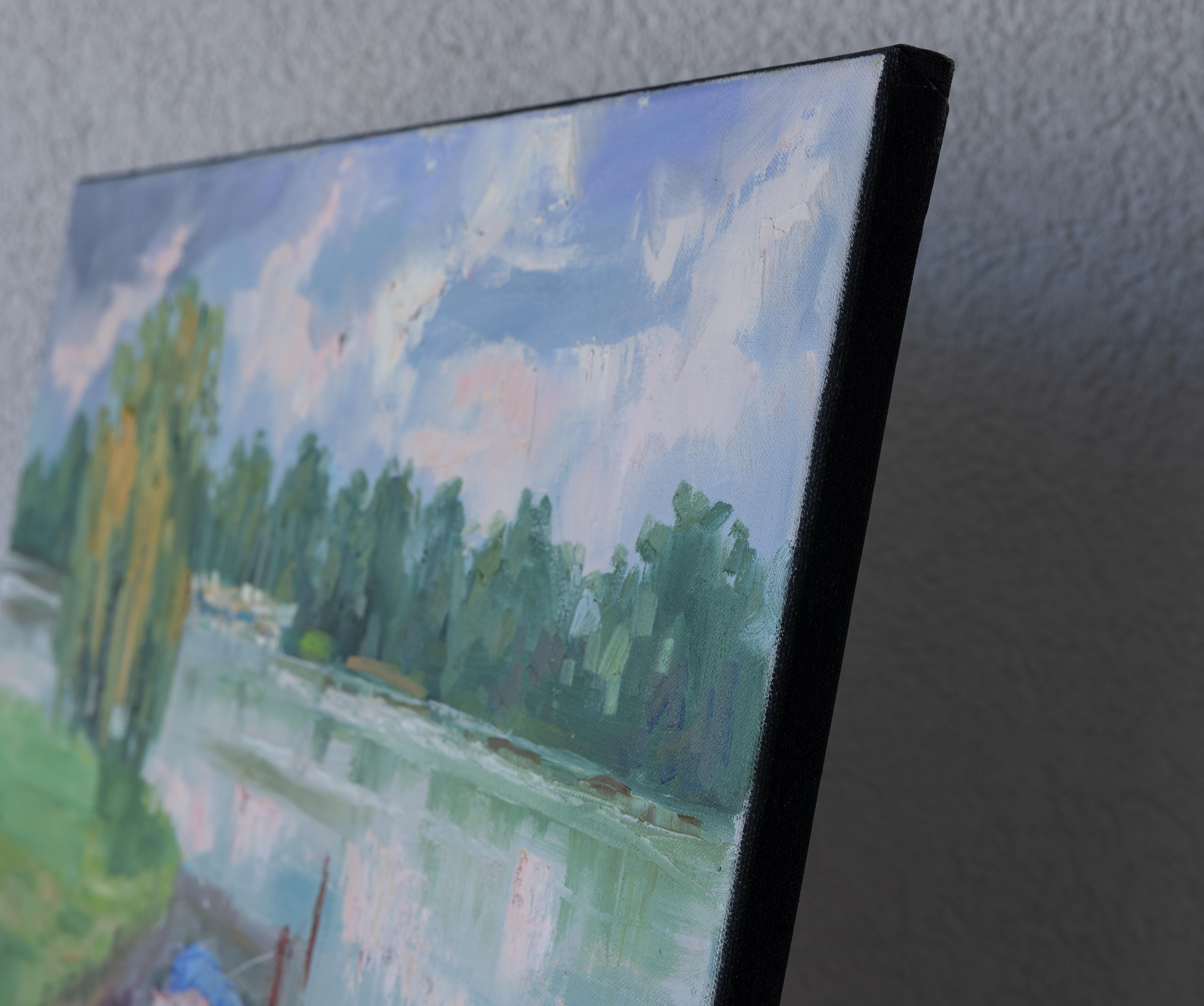 Quiet Marina. Oil, impressionism, horizontal, yachts, boats, lake - Painting by Anna Shesterikova