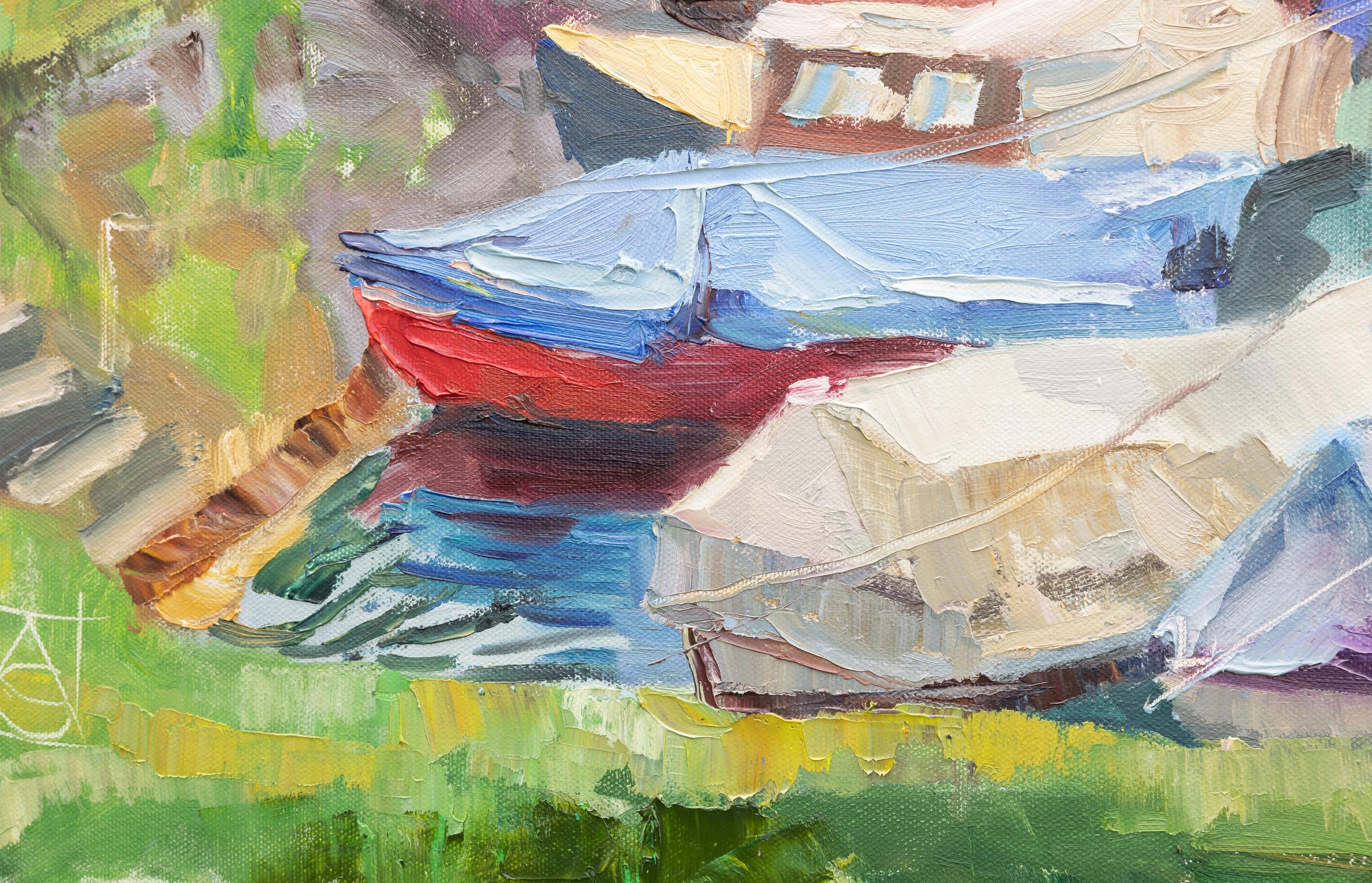 Quiet Marina. Oil, impressionism, horizontal, yachts, boats, lake For Sale 1