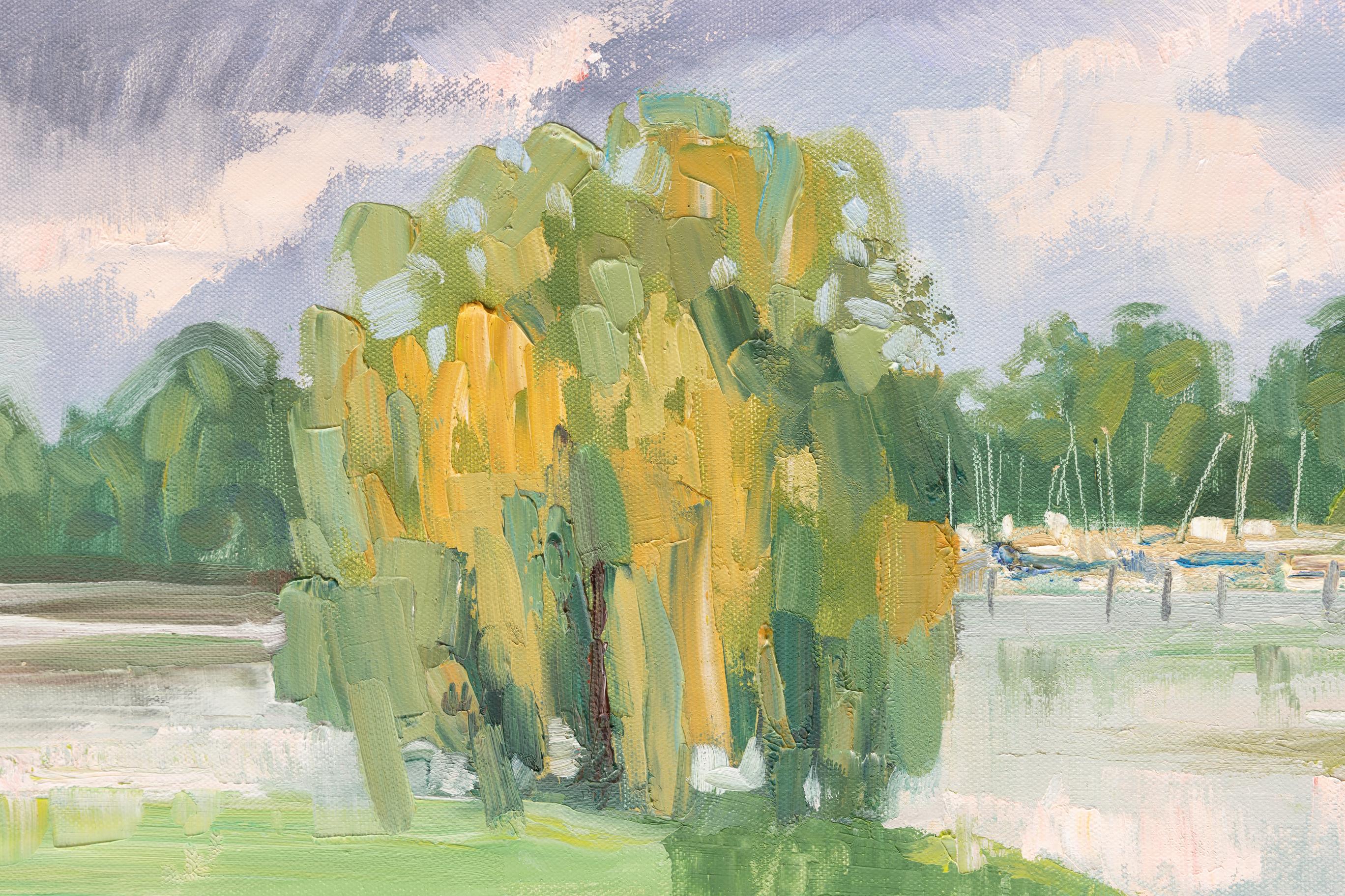Quiet Marina. Oil, impressionism, horizontal, yachts, boats, lake For Sale 3