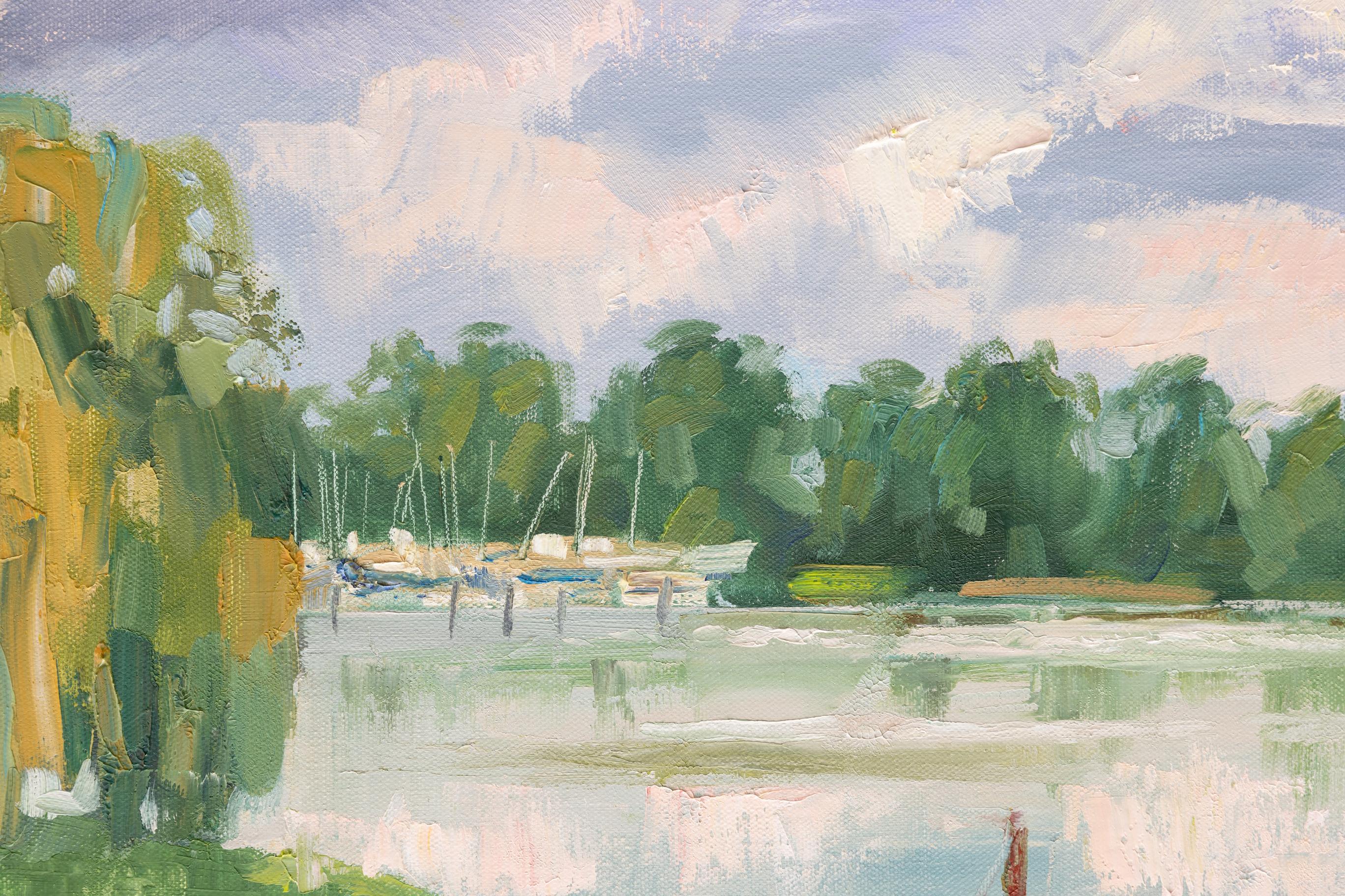 Quiet Marina. Oil, impressionism, horizontal, yachts, boats, lake For Sale 4