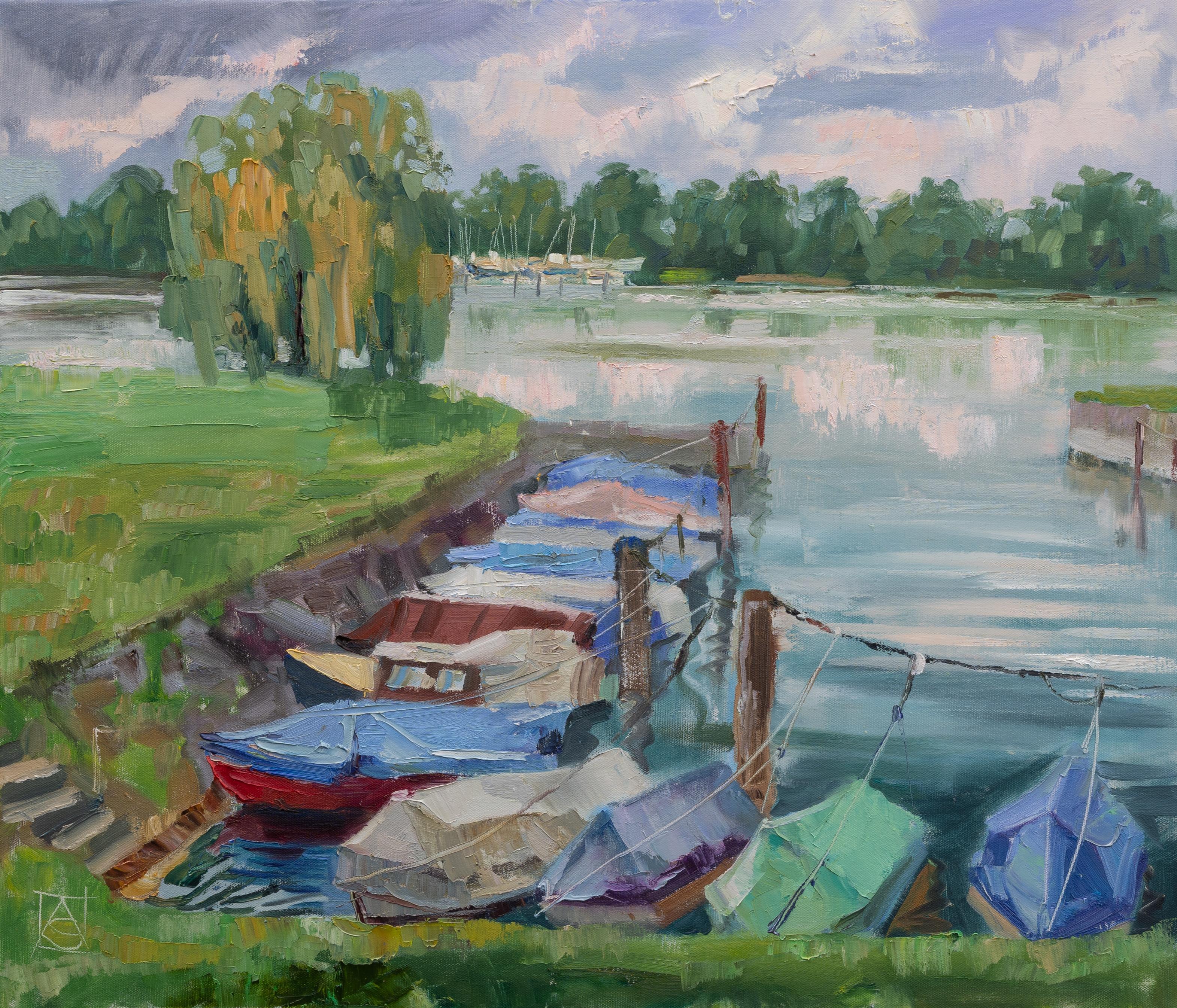 Anna Shesterikova Landscape Painting - Quiet Marina. Oil, impressionism, horizontal, yachts, boats, lake