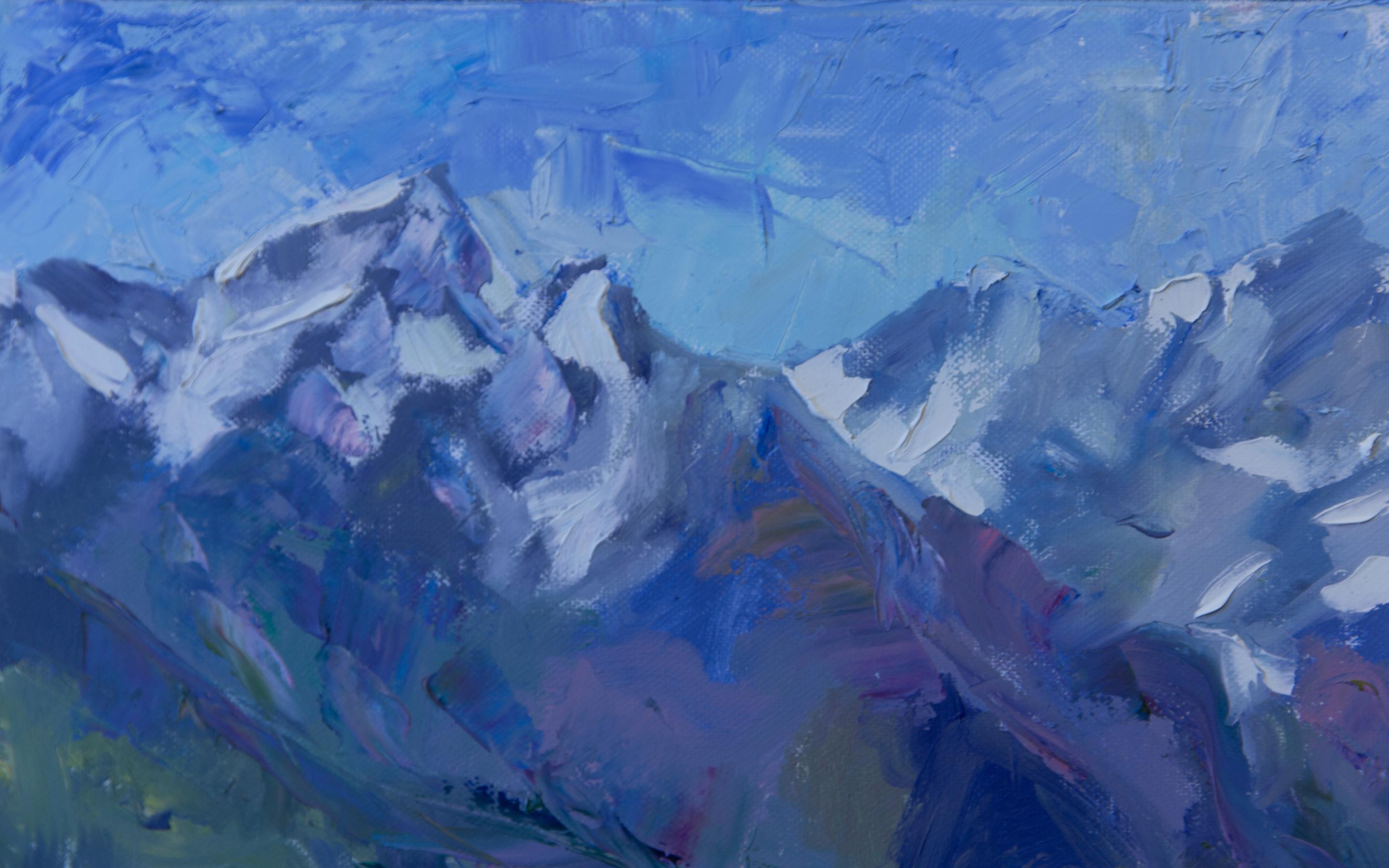 Campo di colza. Olio, impressionismo, orizzontale, montagne, fiori, giallo in vendita 5
