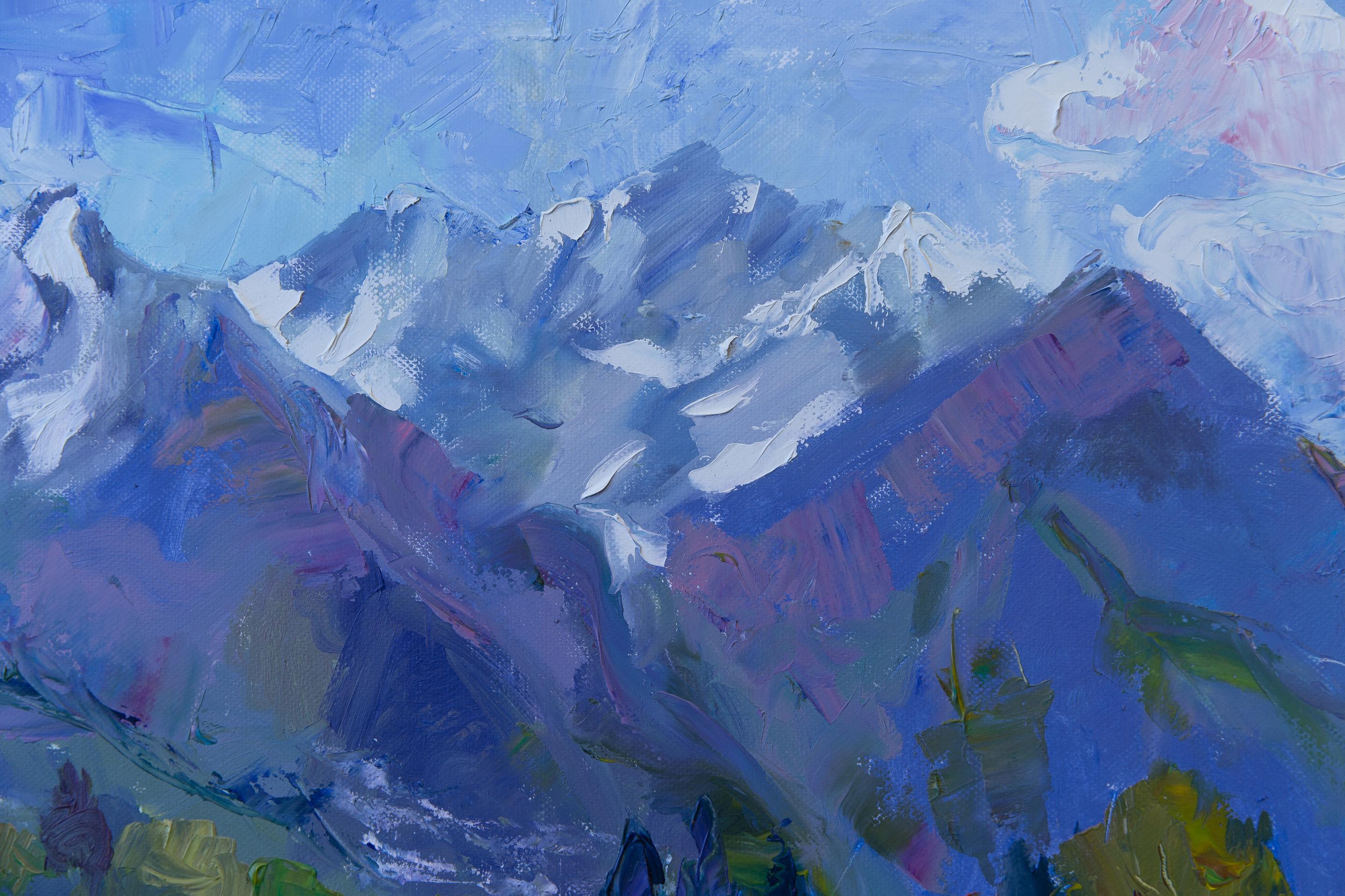 Campo di colza. Olio, impressionismo, orizzontale, montagne, fiori, giallo in vendita 6
