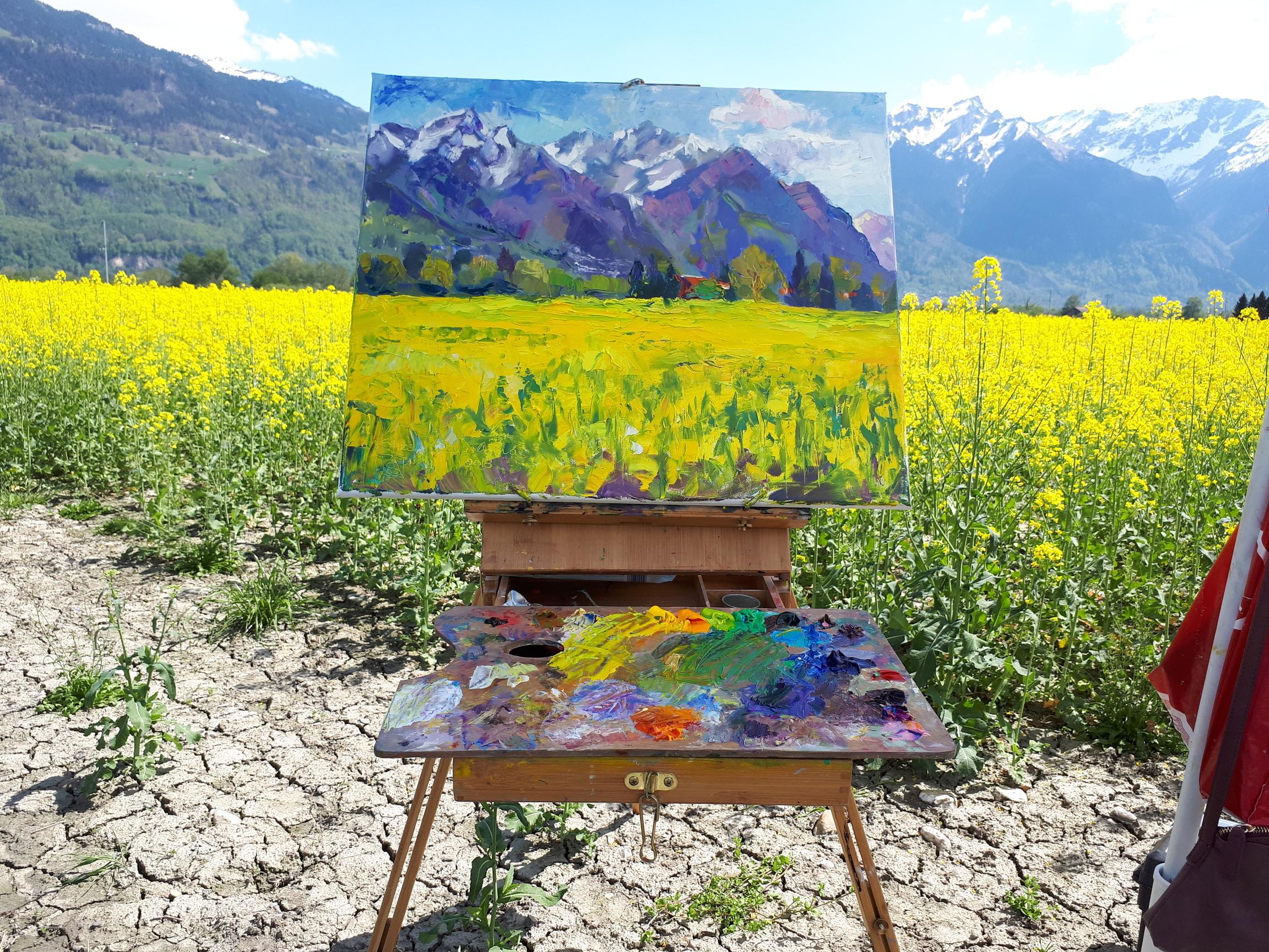 Rapeseed Field. Oil, impressionism, horizontal, mountains, flowers, yellow For Sale 7
