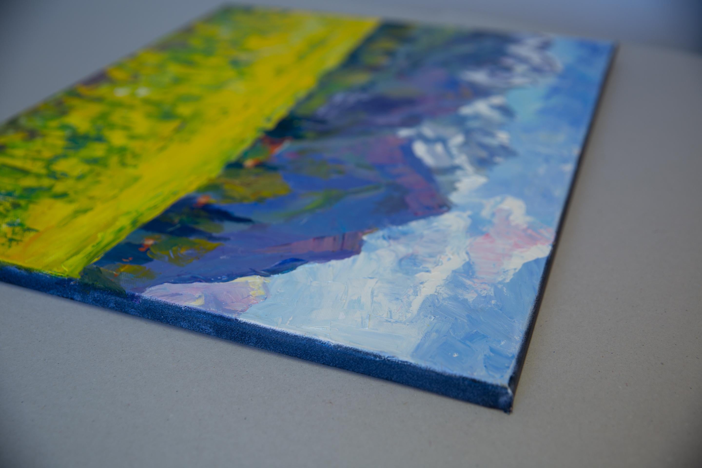 Rapeseed Field. Oil, impressionism, horizontal, mountains, flowers, yellow - Painting by Anna Shesterikova
