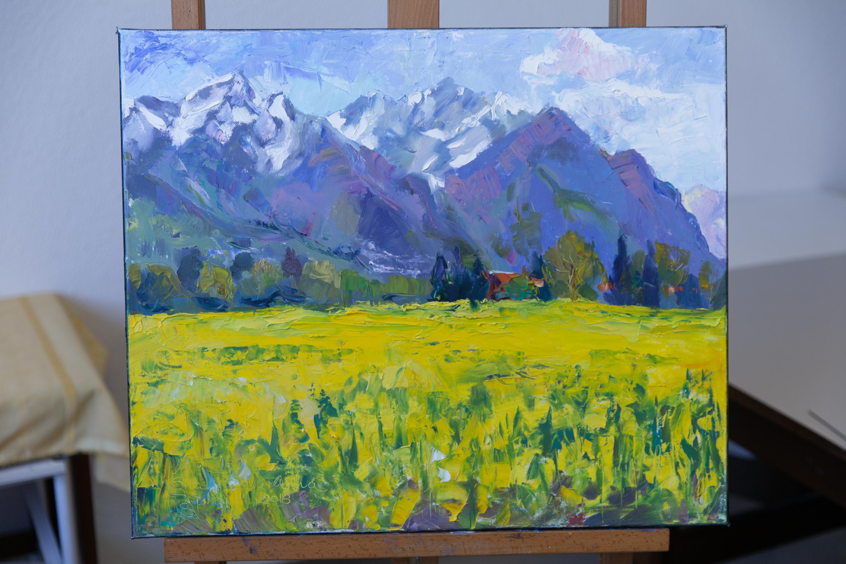 Rapeseed Field. Oil, impressionism, horizontal, mountains, flowers, yellow - Post-Impressionist Painting by Anna Shesterikova