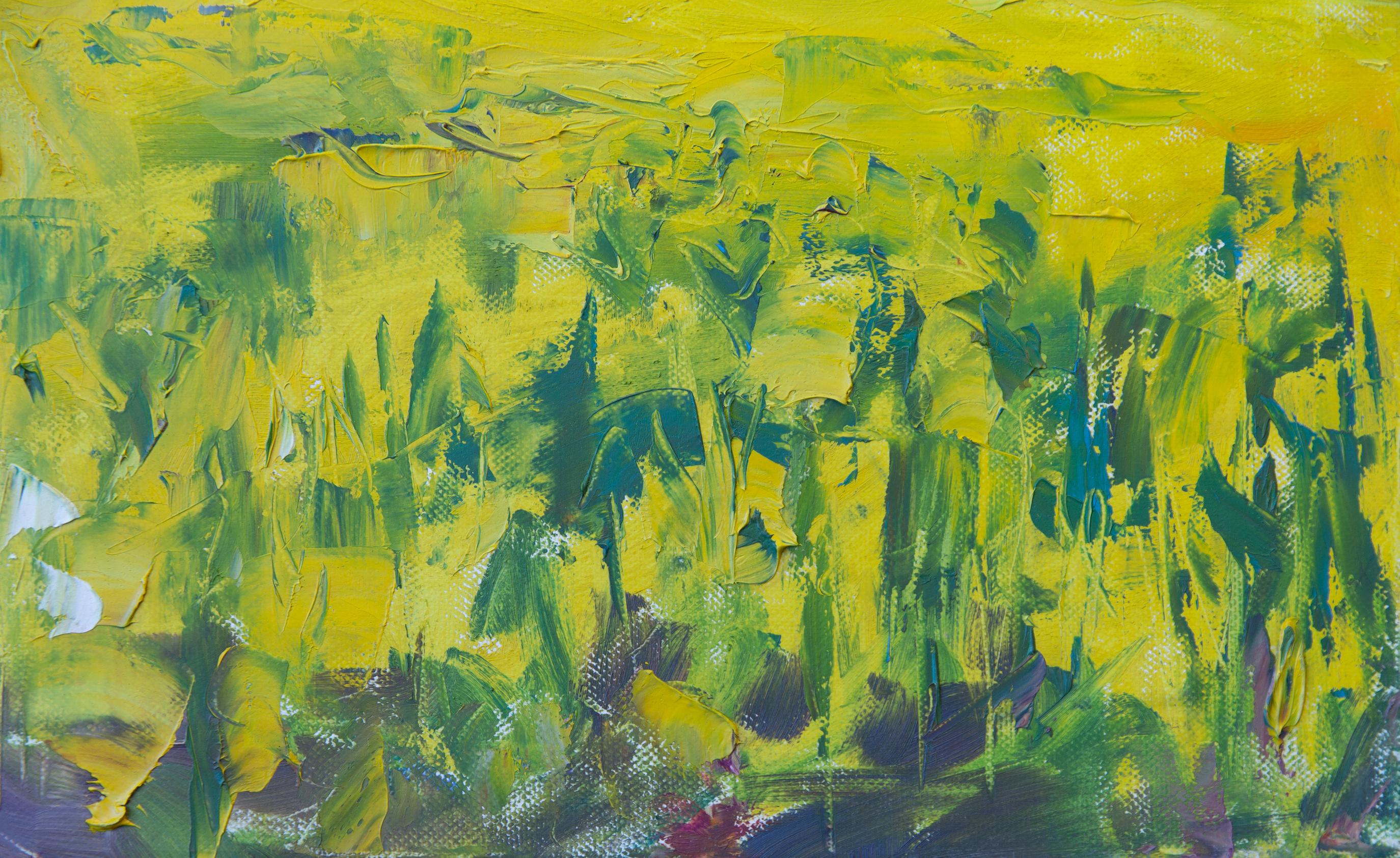Rapeseed Field. Oil, impressionism, horizontal, mountains, flowers, yellow For Sale 1