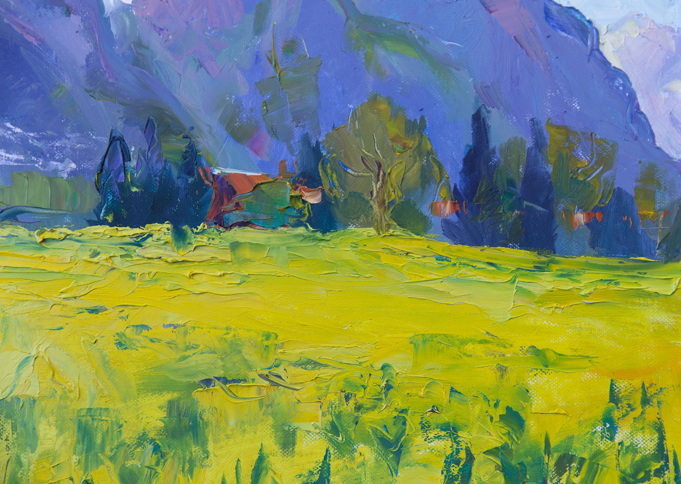 Rapeseed Field. Oil, impressionism, horizontal, mountains, flowers, yellow For Sale 2