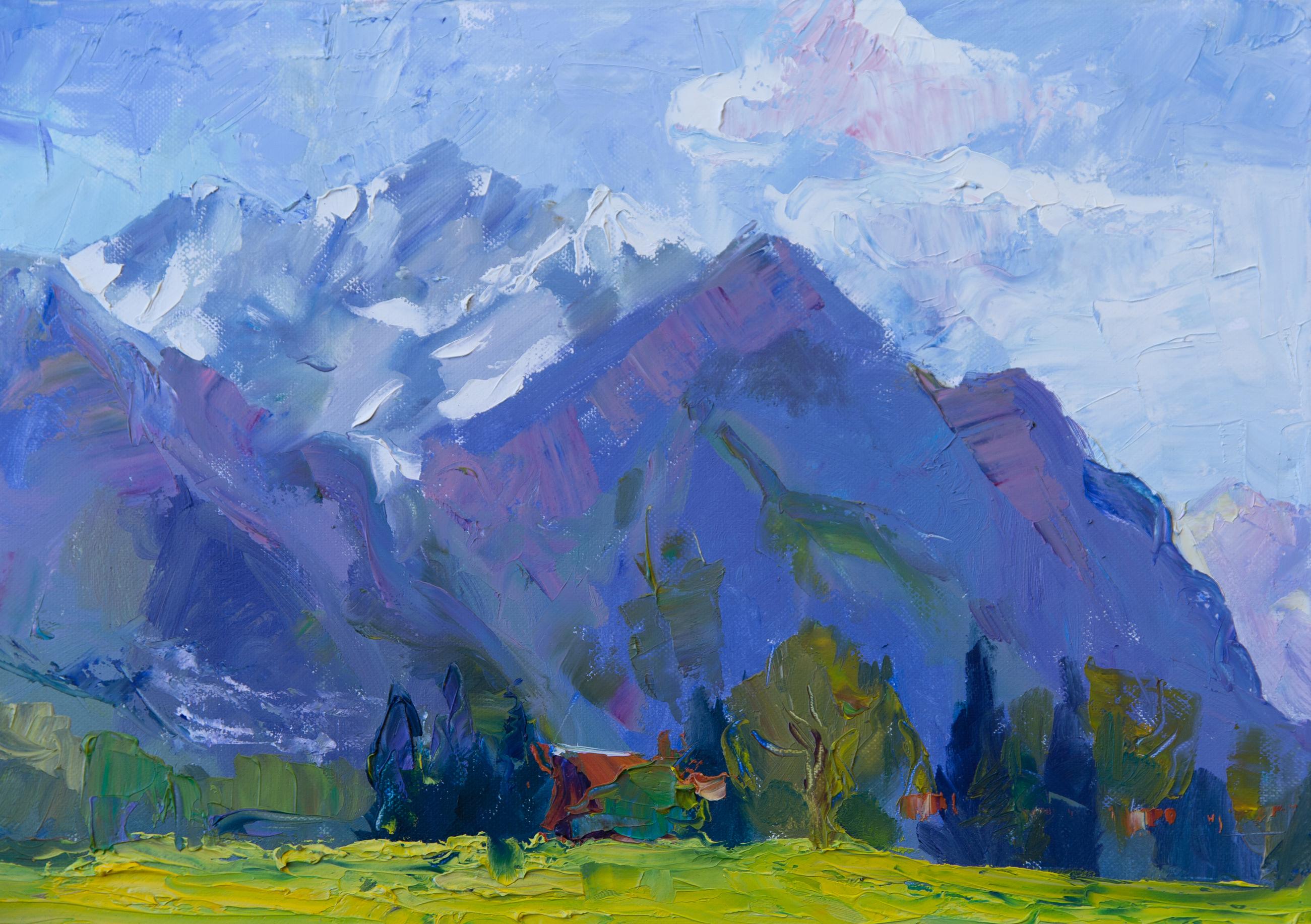 Campo di colza. Olio, impressionismo, orizzontale, montagne, fiori, giallo in vendita 3