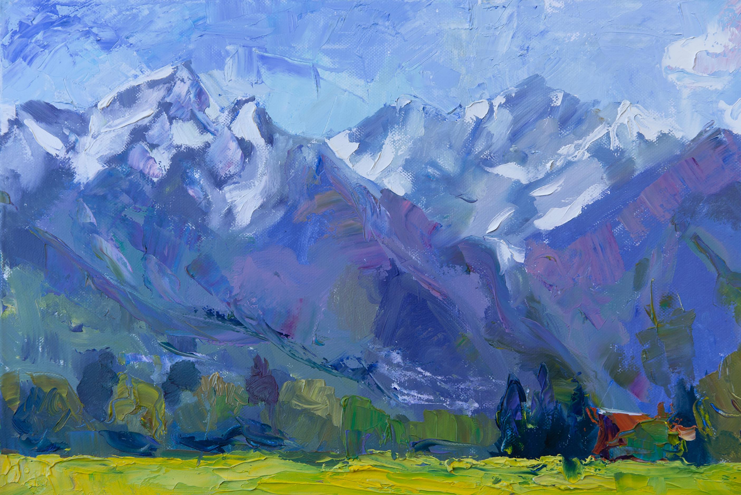 Rapeseed Field. Oil, impressionism, horizontal, mountains, flowers, yellow For Sale 4