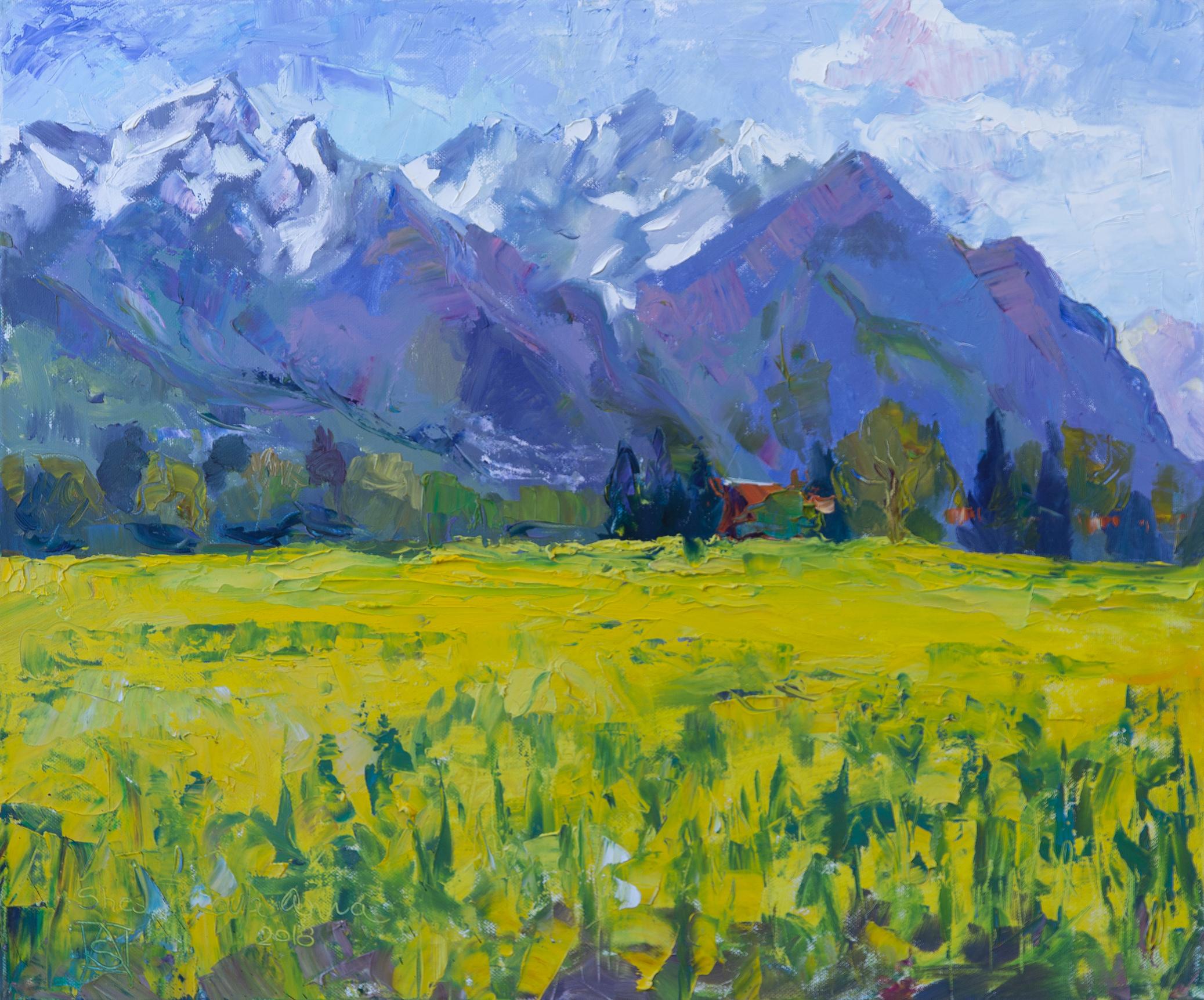 Anna Shesterikova Landscape Painting - Rapeseed Field. Oil, impressionism, horizontal, mountains, flowers, yellow