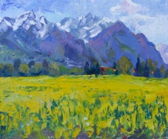 Champ de colza. Huile, impressionnisme, horizontal, montagnes, fleurs, jaune
