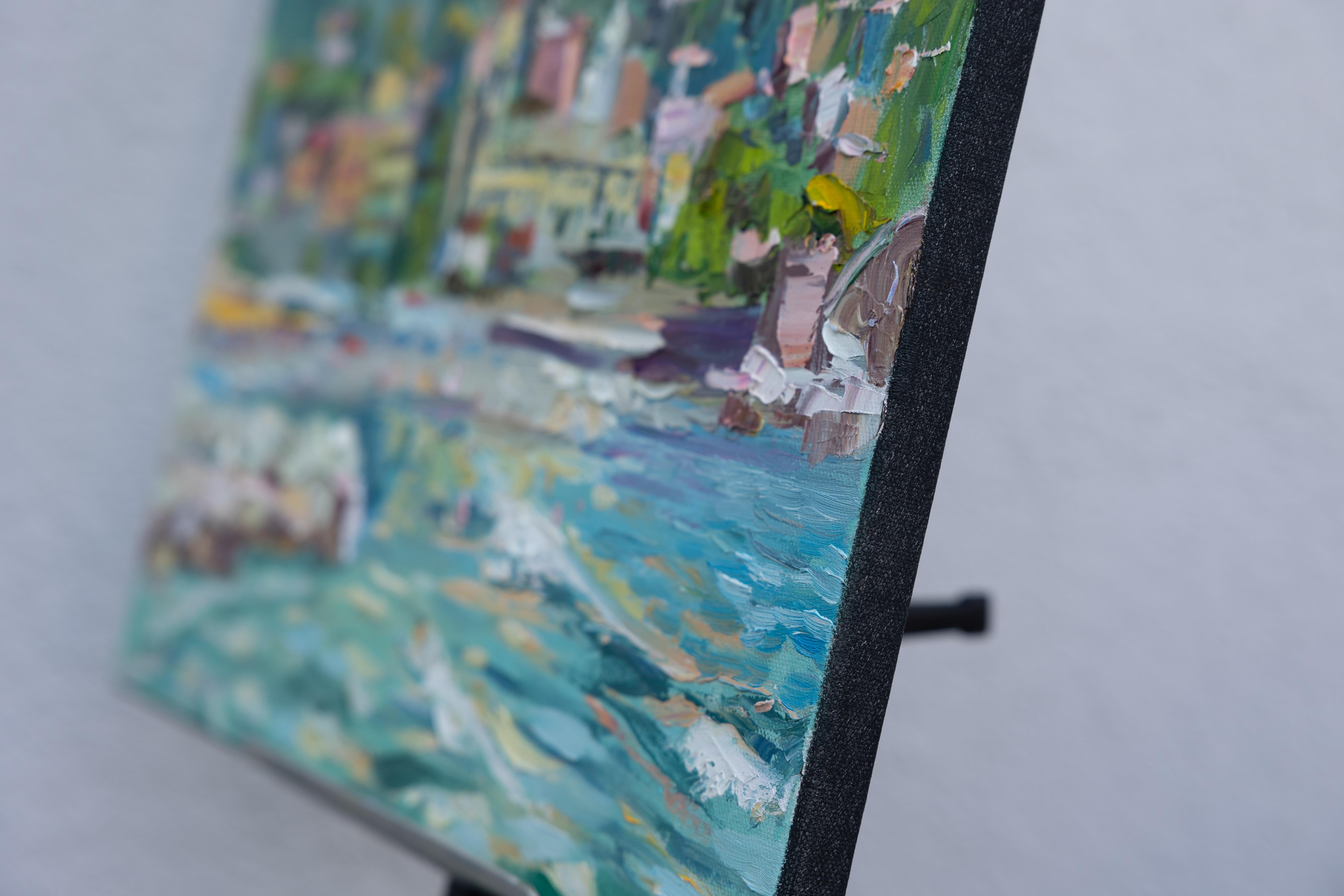 Recco. Horizontal, landscape, sea, town, small, Italy - Painting by Anna Shesterikova