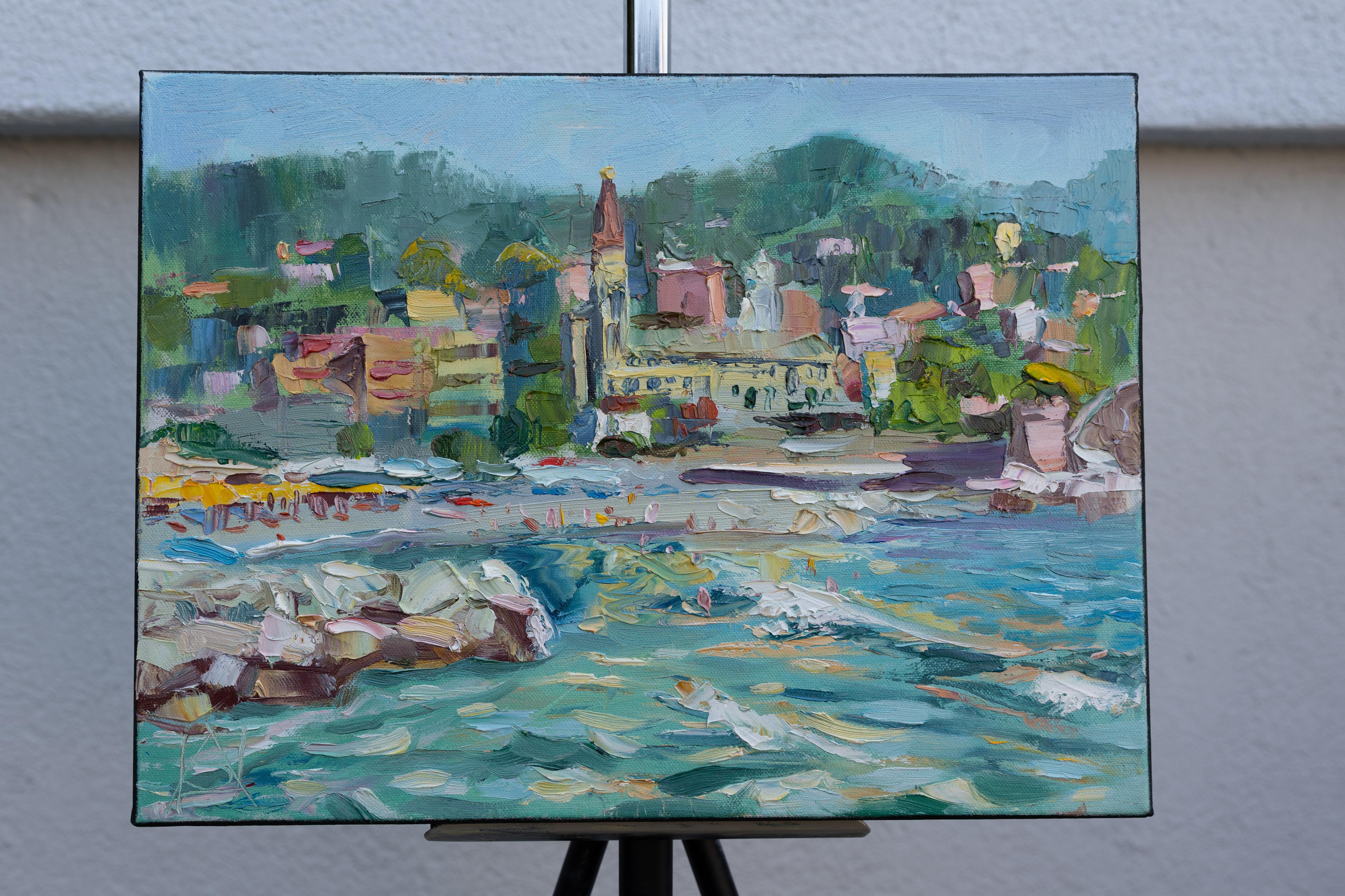 Recco. Horizontal, landscape, sea, town, small, Italy - Post-Impressionist Painting by Anna Shesterikova