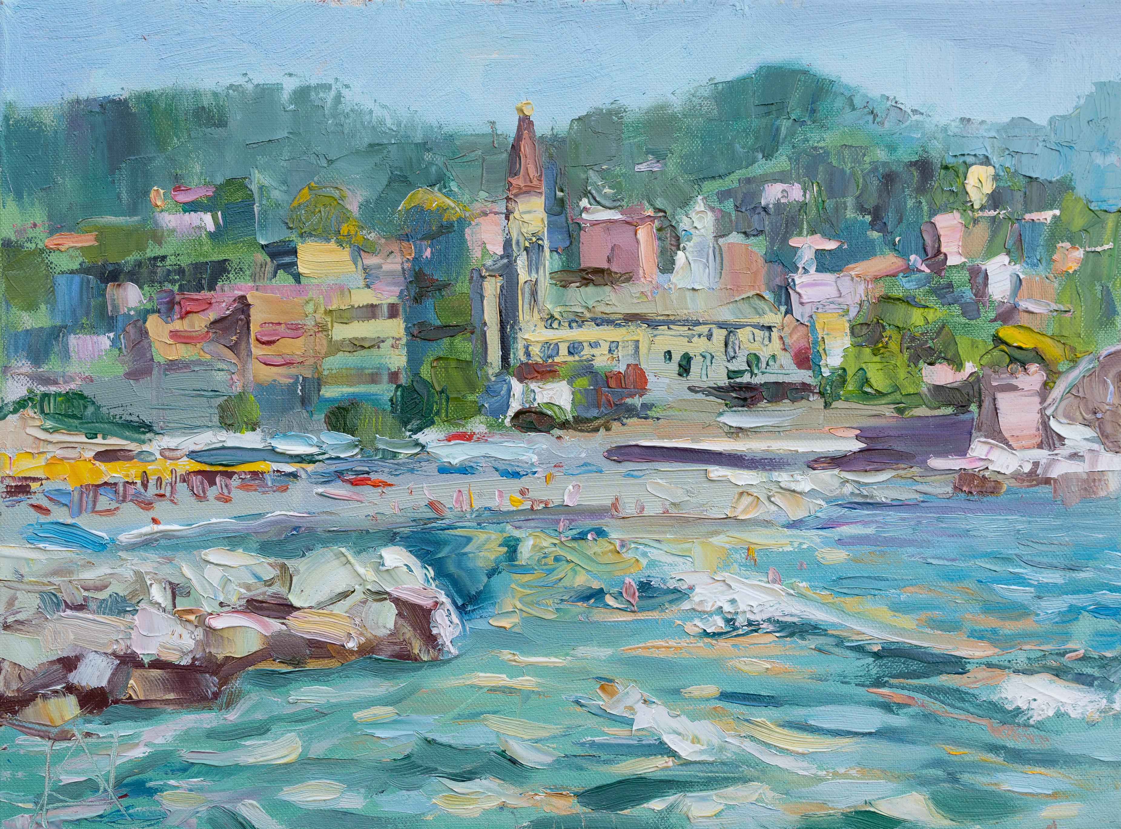 Anna Shesterikova Landscape Painting - Recco. Horizontal, landscape, sea, town, small, Italy