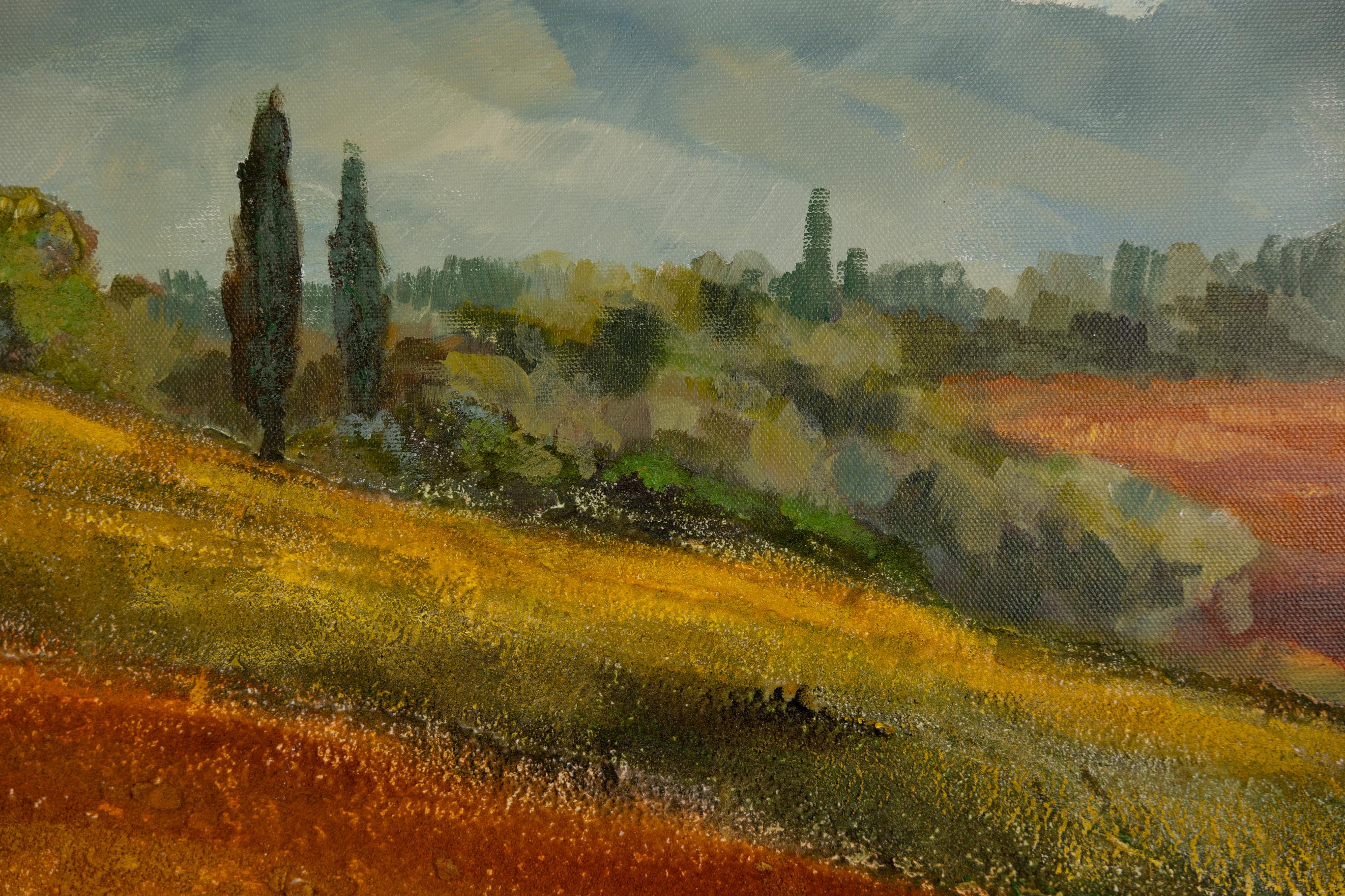 In this work I captured the passionate energy and warm palette of Tuscany. The picture radiates the bright sun and good mood of the Italian summer.

Using acrylic and sand, I create a texture that gives the impression that you can almost feel the