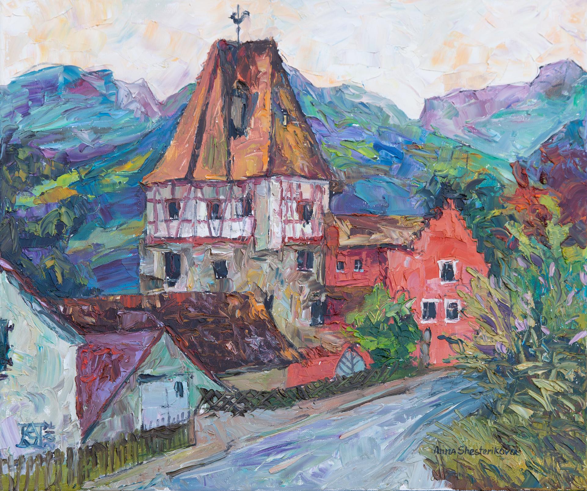 Anna Shesterikova Landscape Painting - Red House in Vaduz