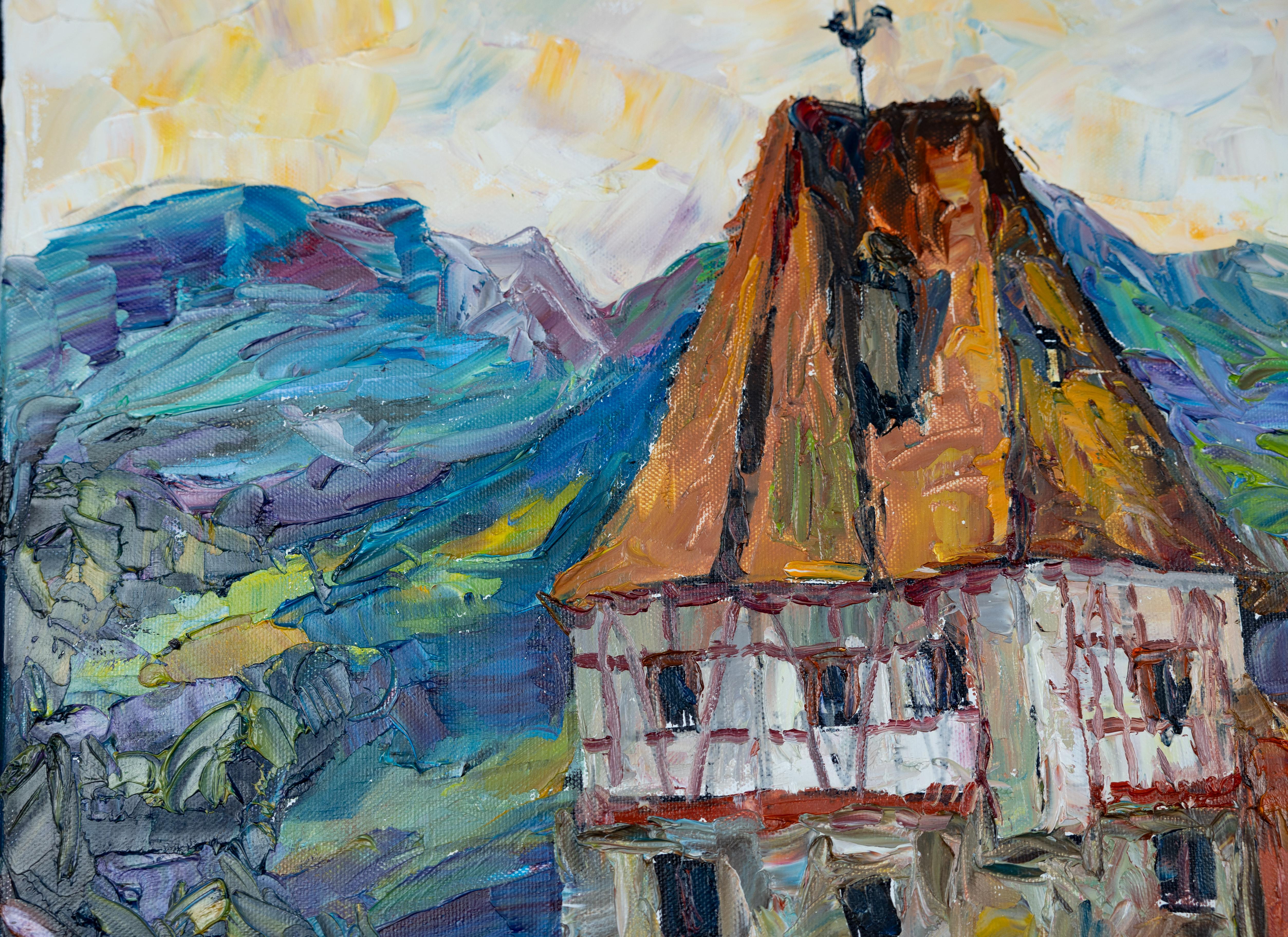 Red House in Vaduz. Oil, impressionism, horizontal, mountains, Liechtenstein For Sale 5