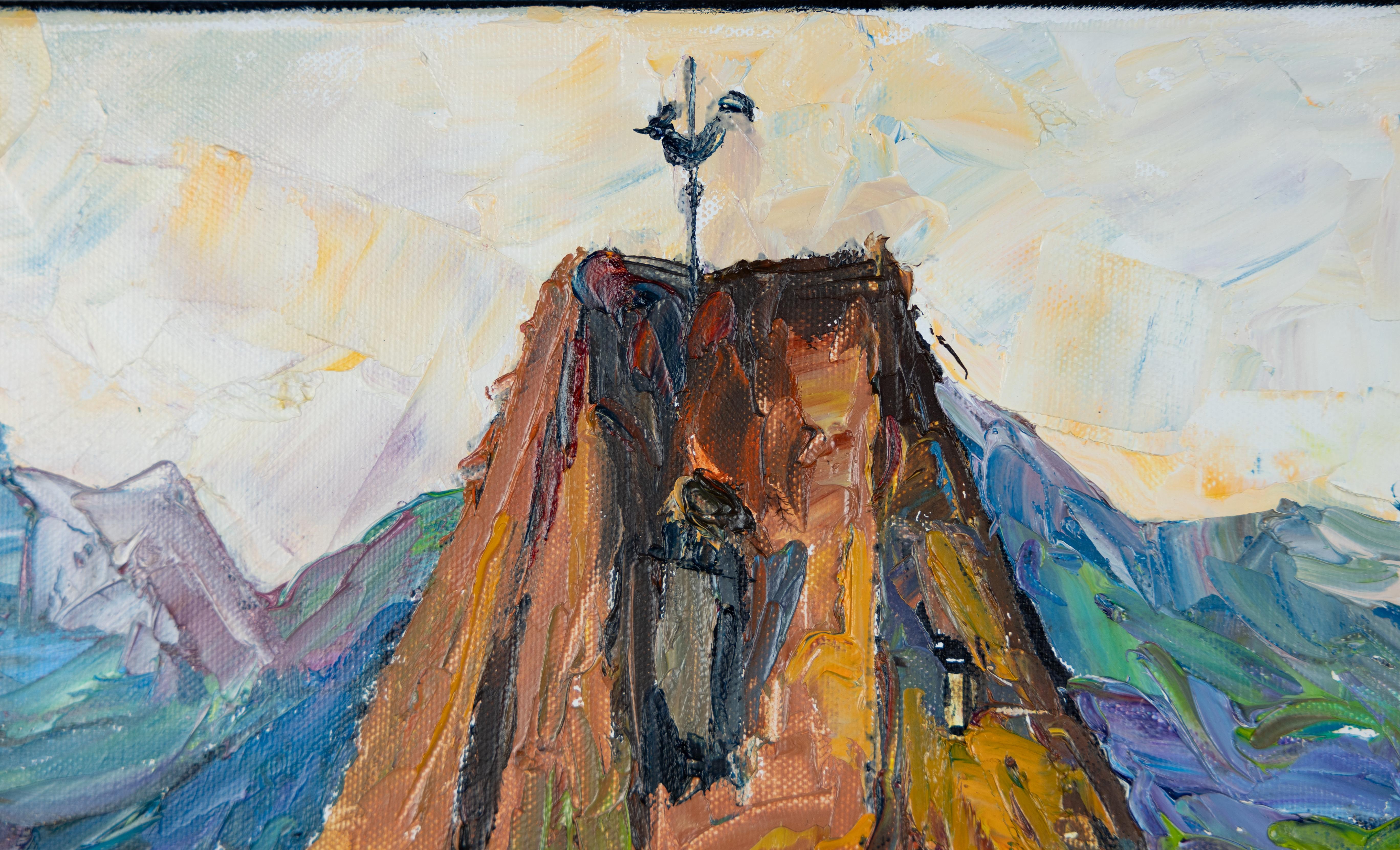 Red House in Vaduz. Oil, impressionism, horizontal, mountains, Liechtenstein For Sale 6