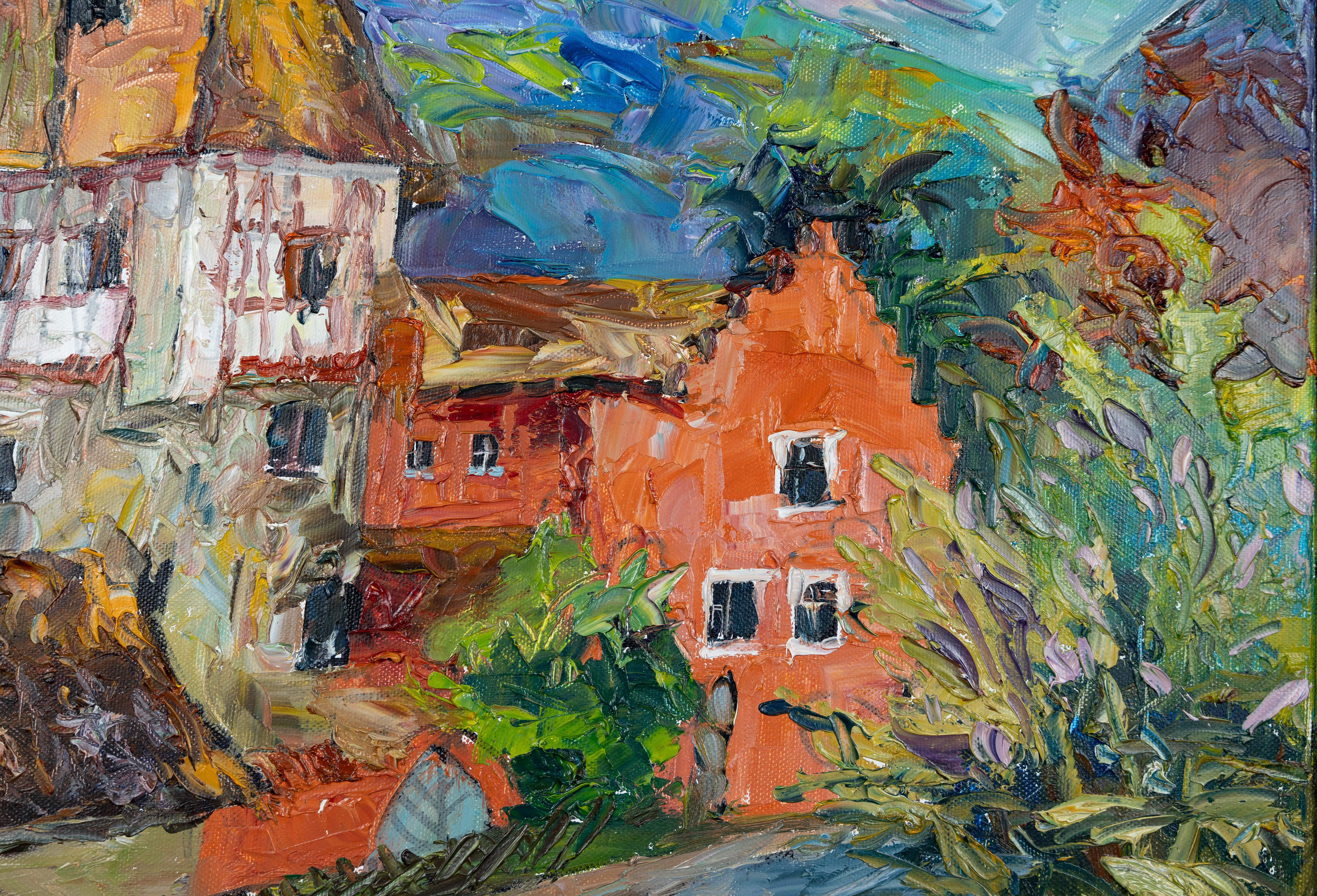 Red House in Vaduz. Oil, impressionism, horizontal, mountains, Liechtenstein For Sale 1