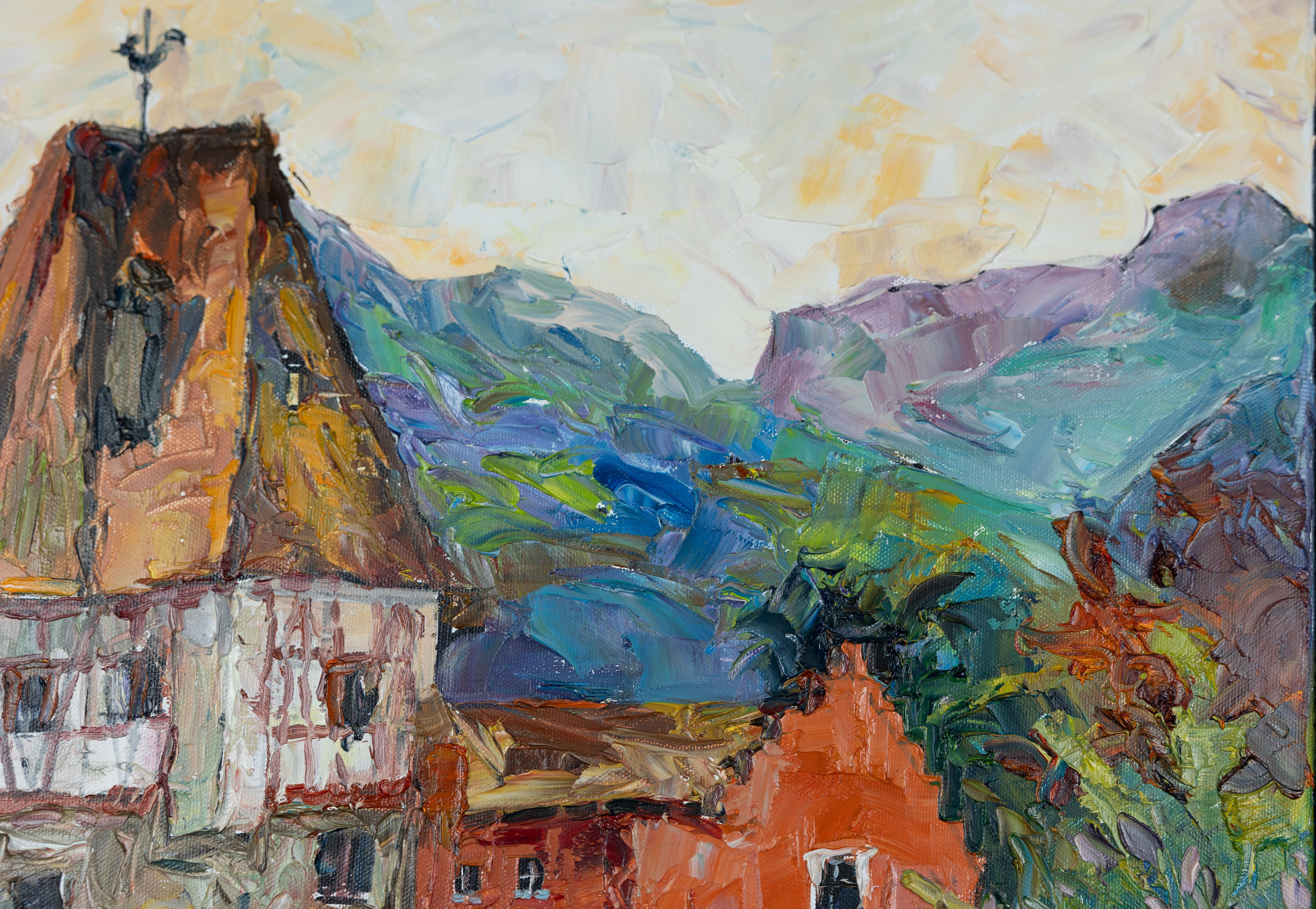 Red House in Vaduz. Oil, impressionism, horizontal, mountains, Liechtenstein For Sale 2