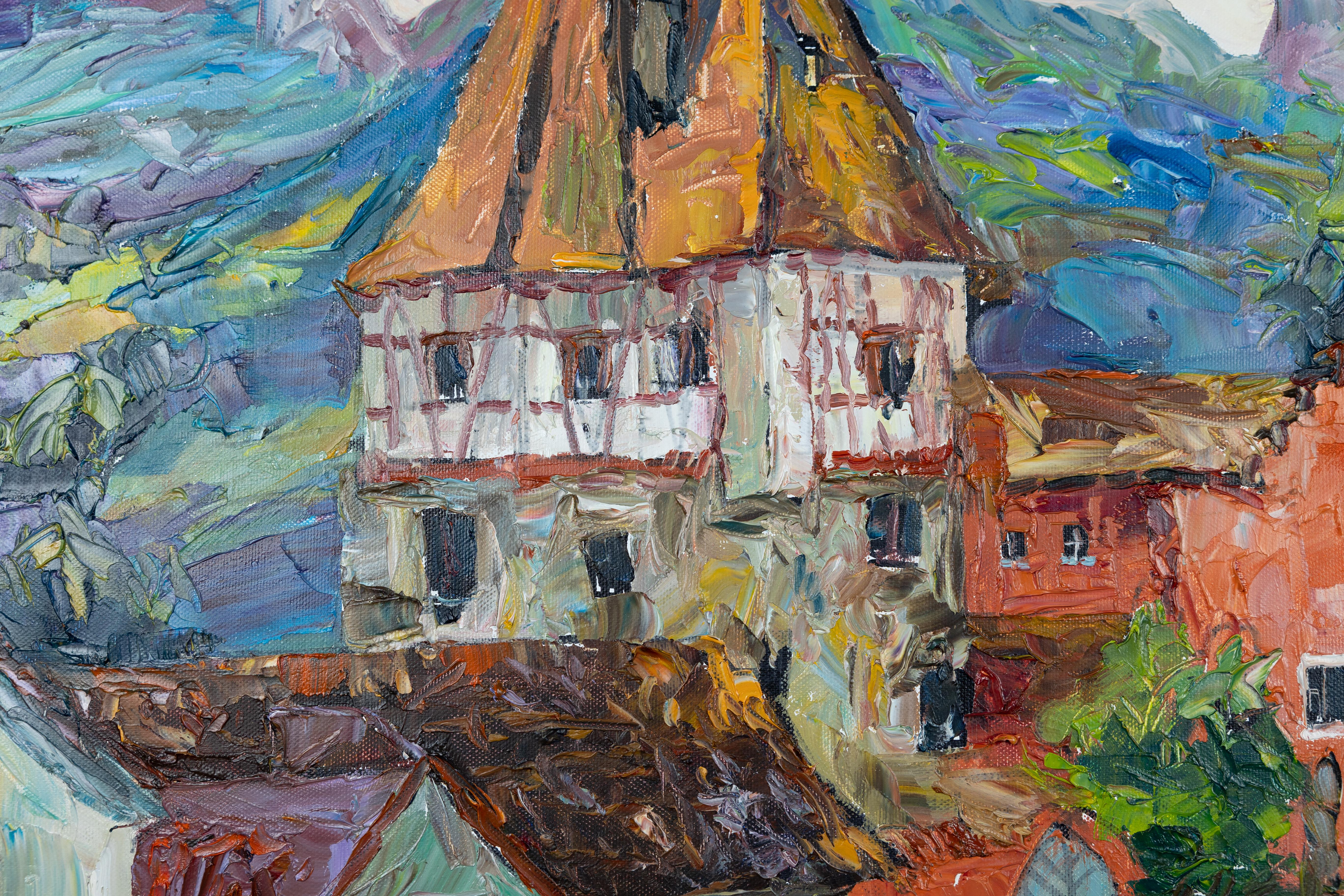Red House in Vaduz. Oil, impressionism, horizontal, mountains, Liechtenstein For Sale 3