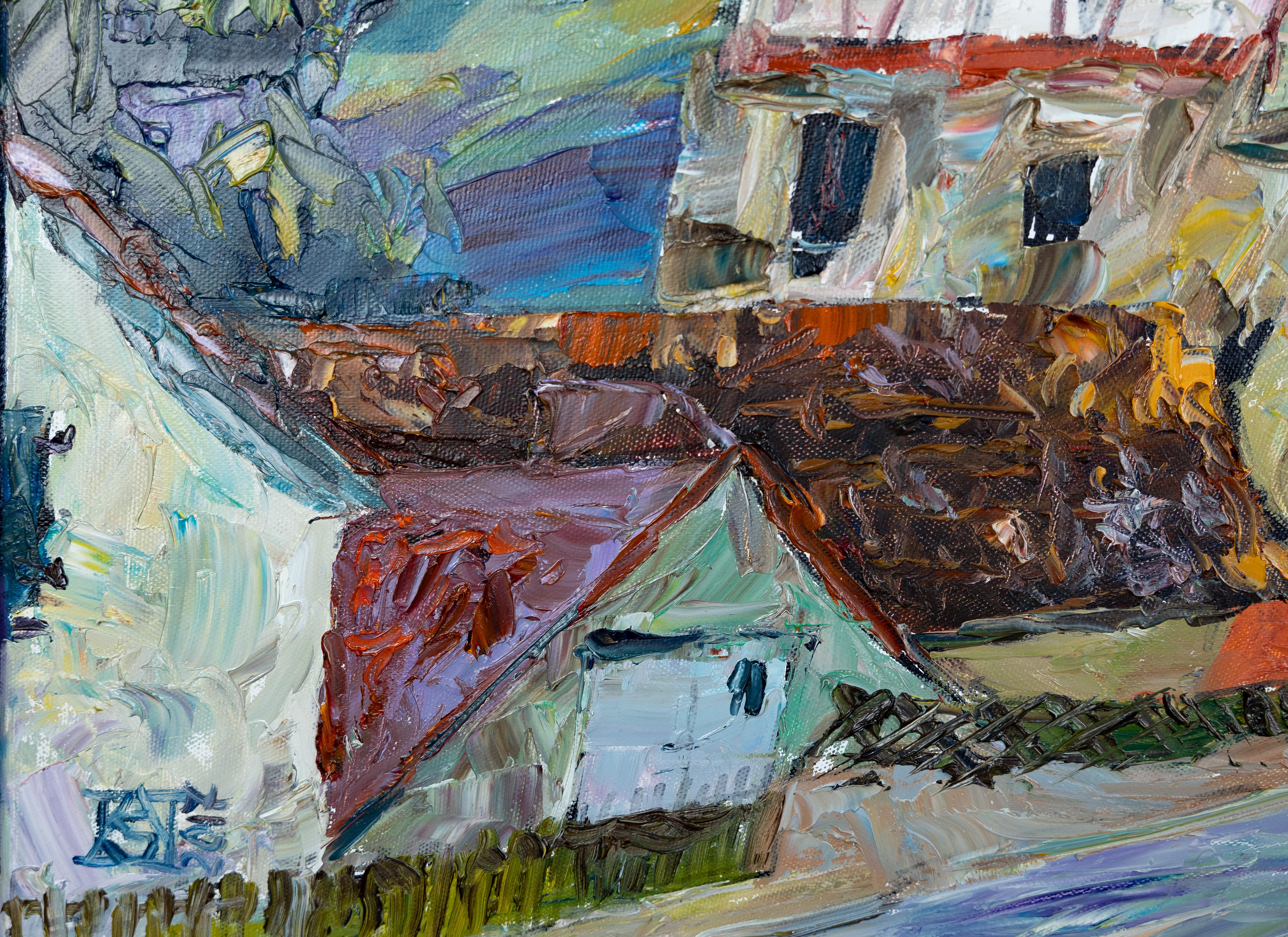 Red House in Vaduz. Oil, impressionism, horizontal, mountains, Liechtenstein For Sale 4