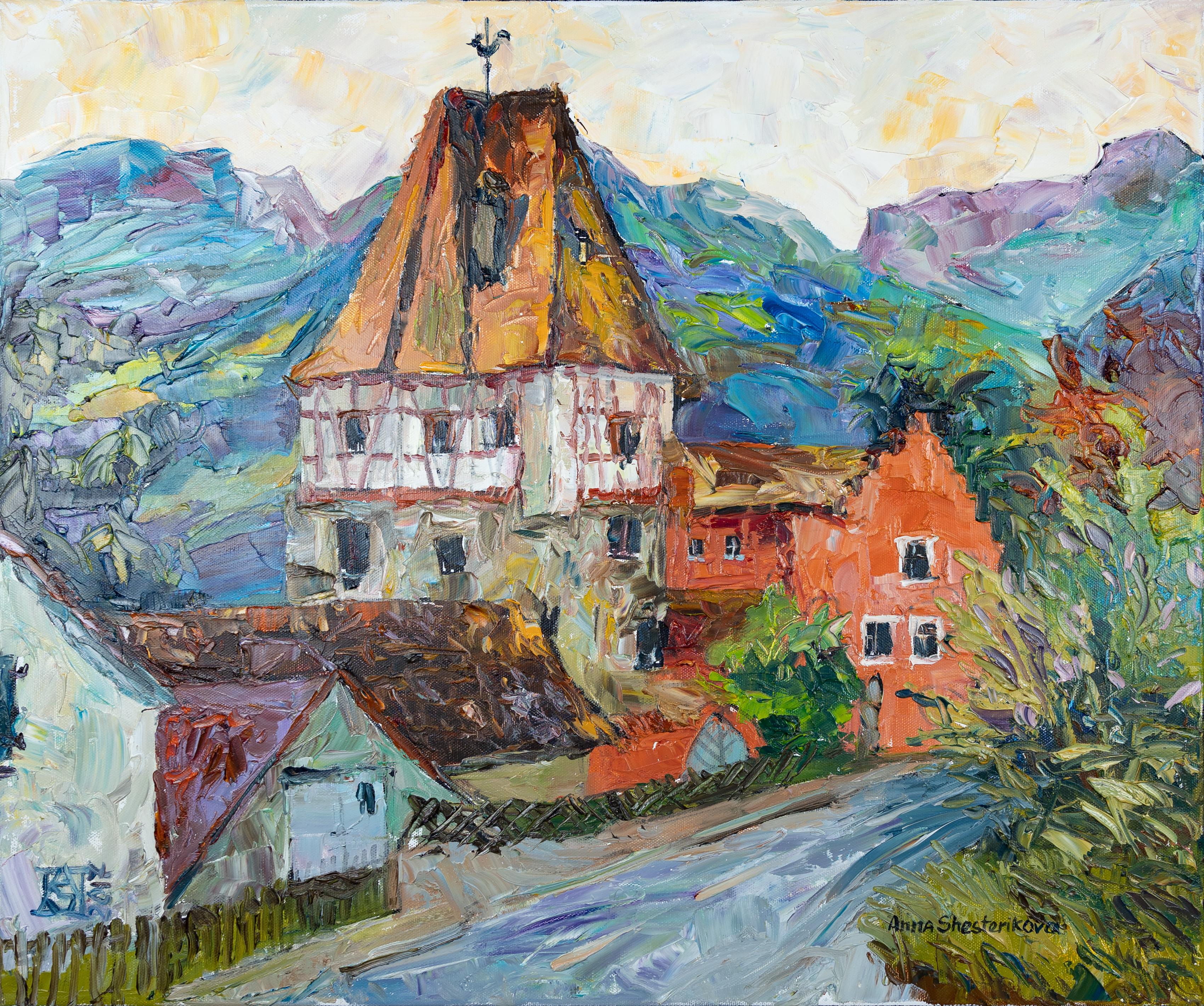 Red House in Vaduz. Oil, impressionism, horizontal, mountains, Liechtenstein