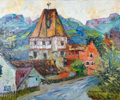 Red House in Vaduz. Oil, impressionism, Landscape Paintings, mountains