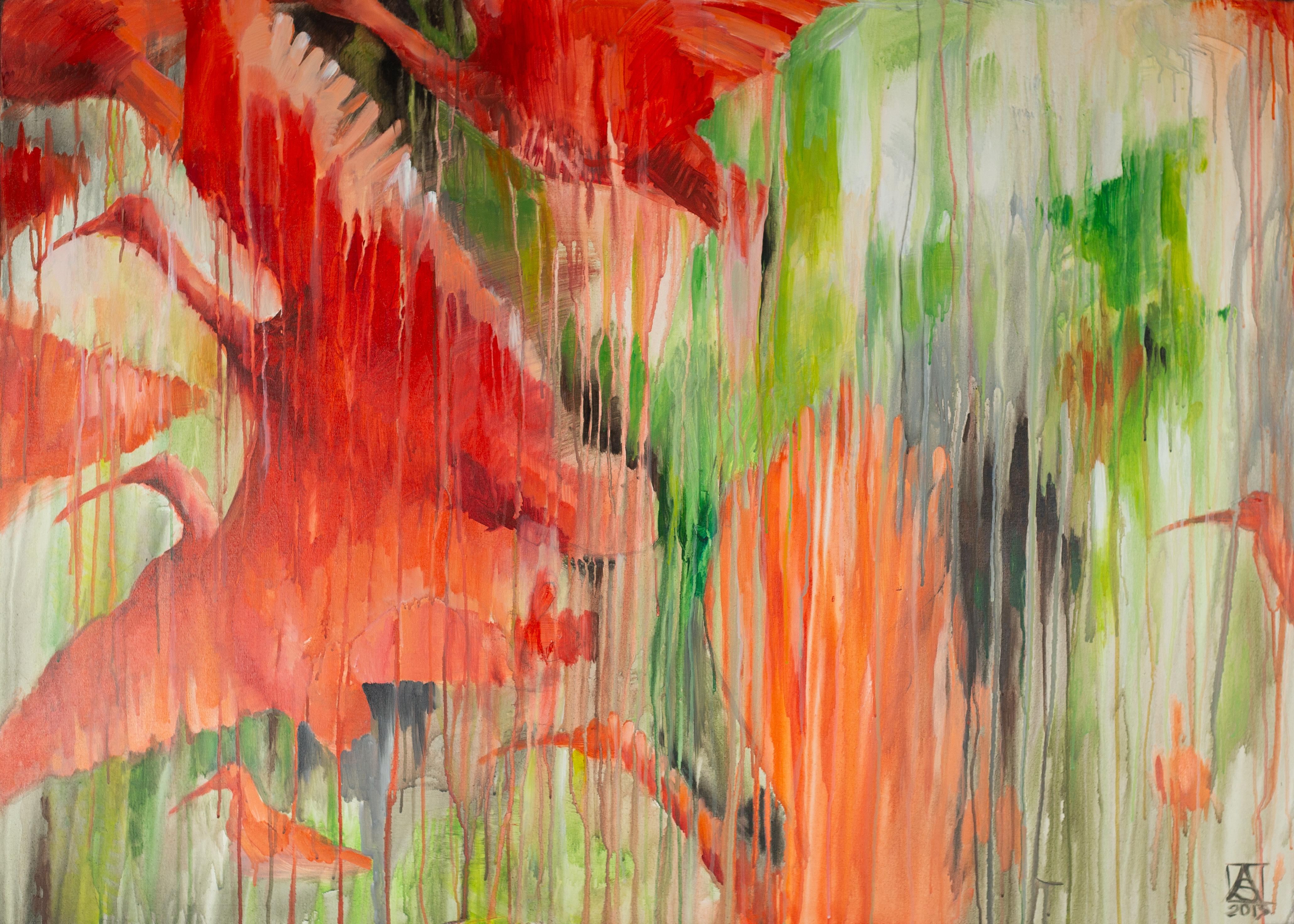Anna Shesterikova Animal Painting - Red Ibises. Acrylic painting, large format, horizontal semi-abstract, birds.