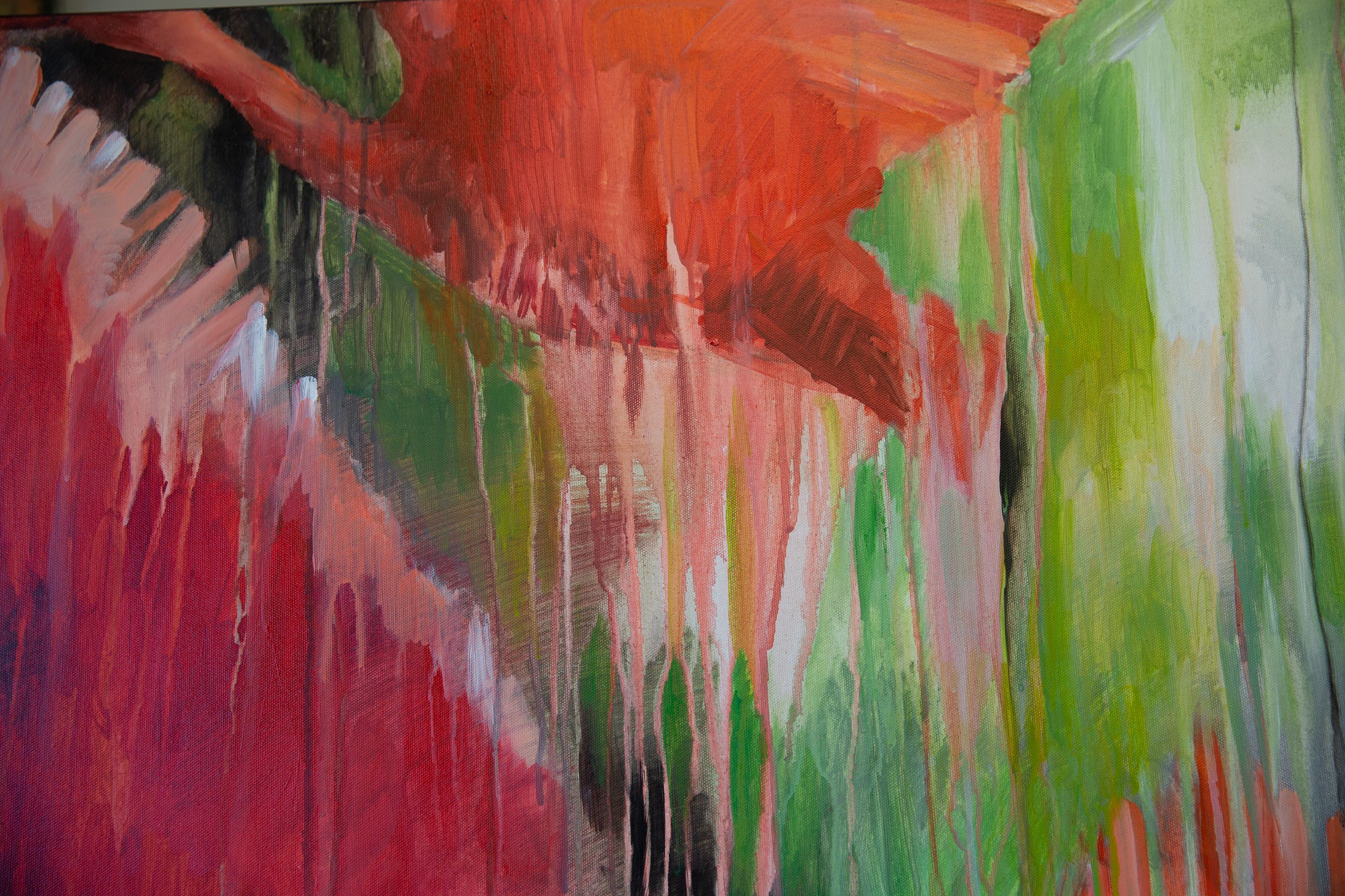 Ibis rojos. Pintura acrílica, gran formato, horizontal semiabstracta, pájaros. en venta 5