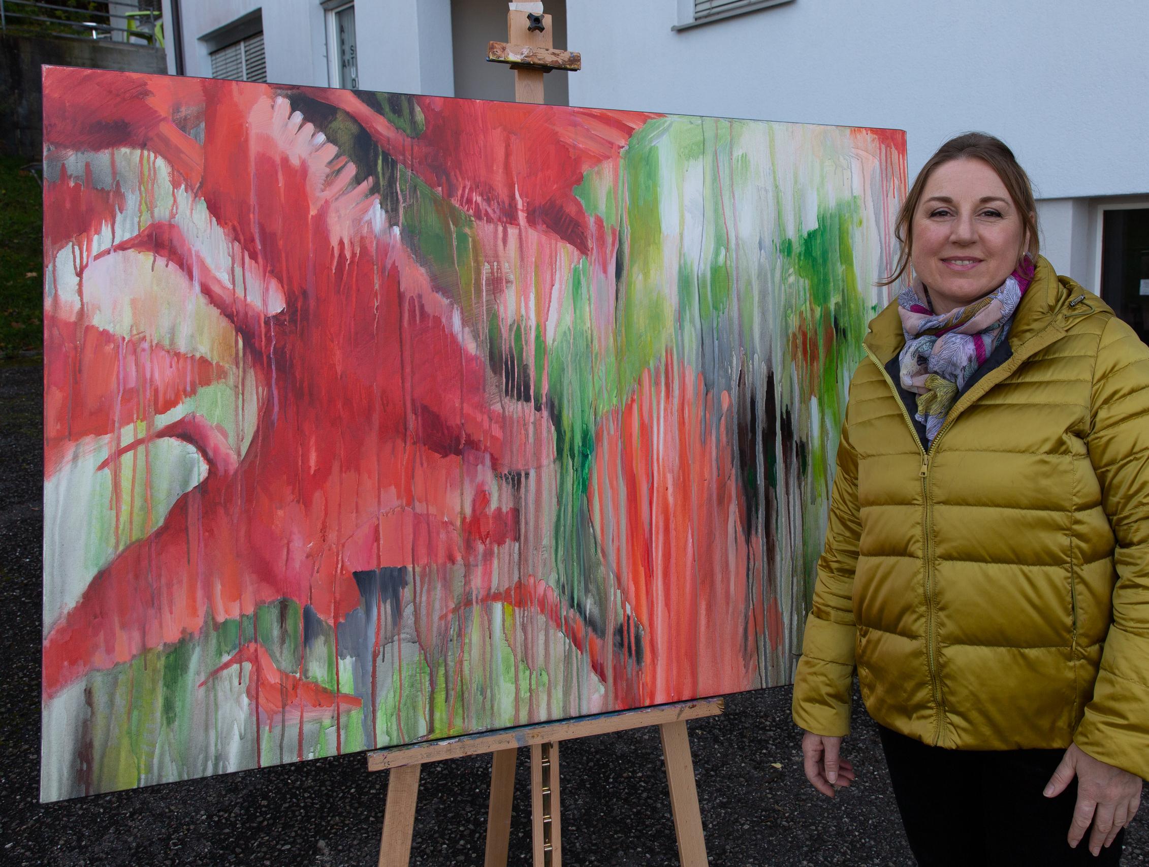 Ibis rojos. Pintura acrílica, gran formato, horizontal semiabstracta, pájaros. - Painting Posimpresionista de Anna Shesterikova