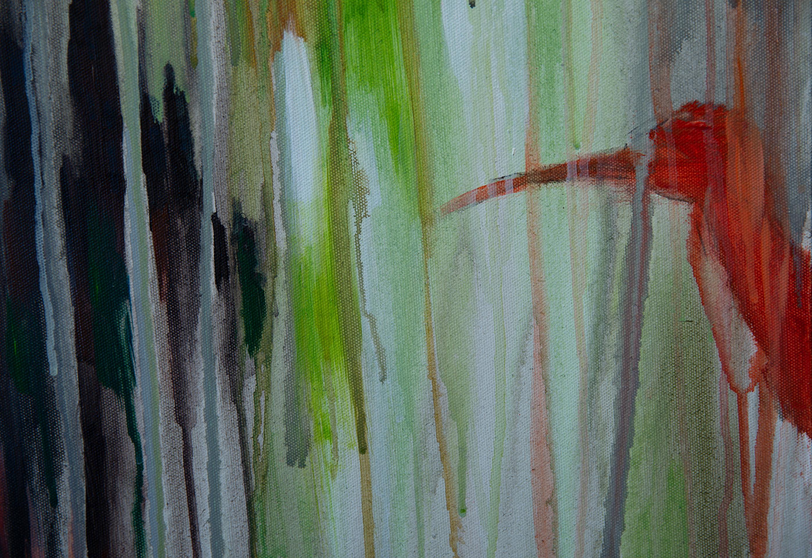Ibis rojos. Pintura acrílica, gran formato, horizontal semiabstracta, pájaros. en venta 1