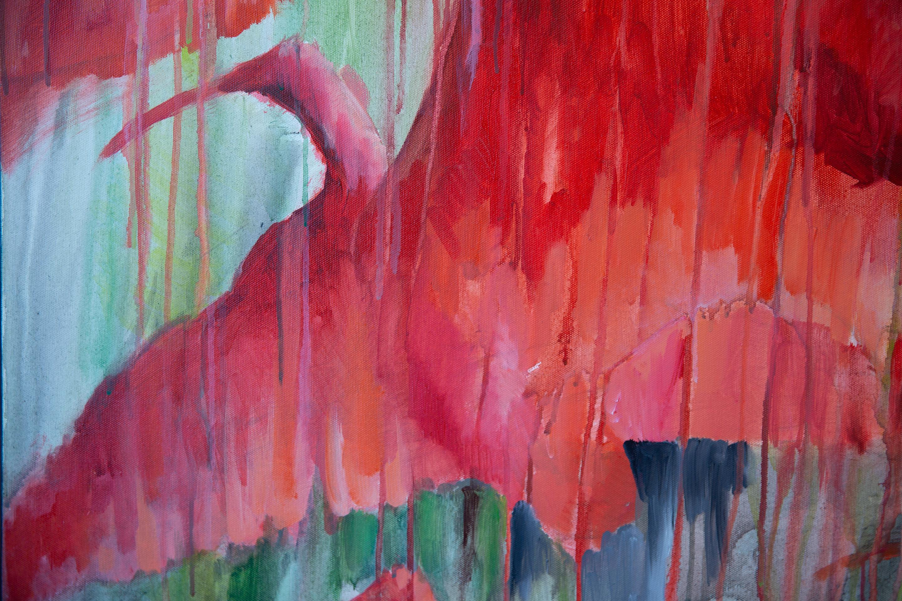 Ibis rojos. Pintura acrílica, gran formato, horizontal semiabstracta, pájaros. en venta 2