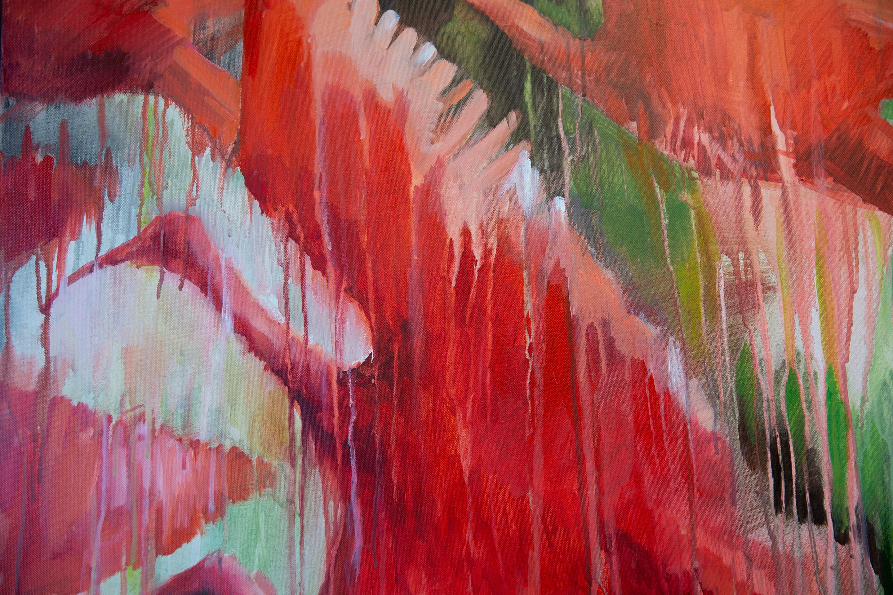 Ibis rojos. Pintura acrílica, gran formato, horizontal semiabstracta, pájaros. en venta 3