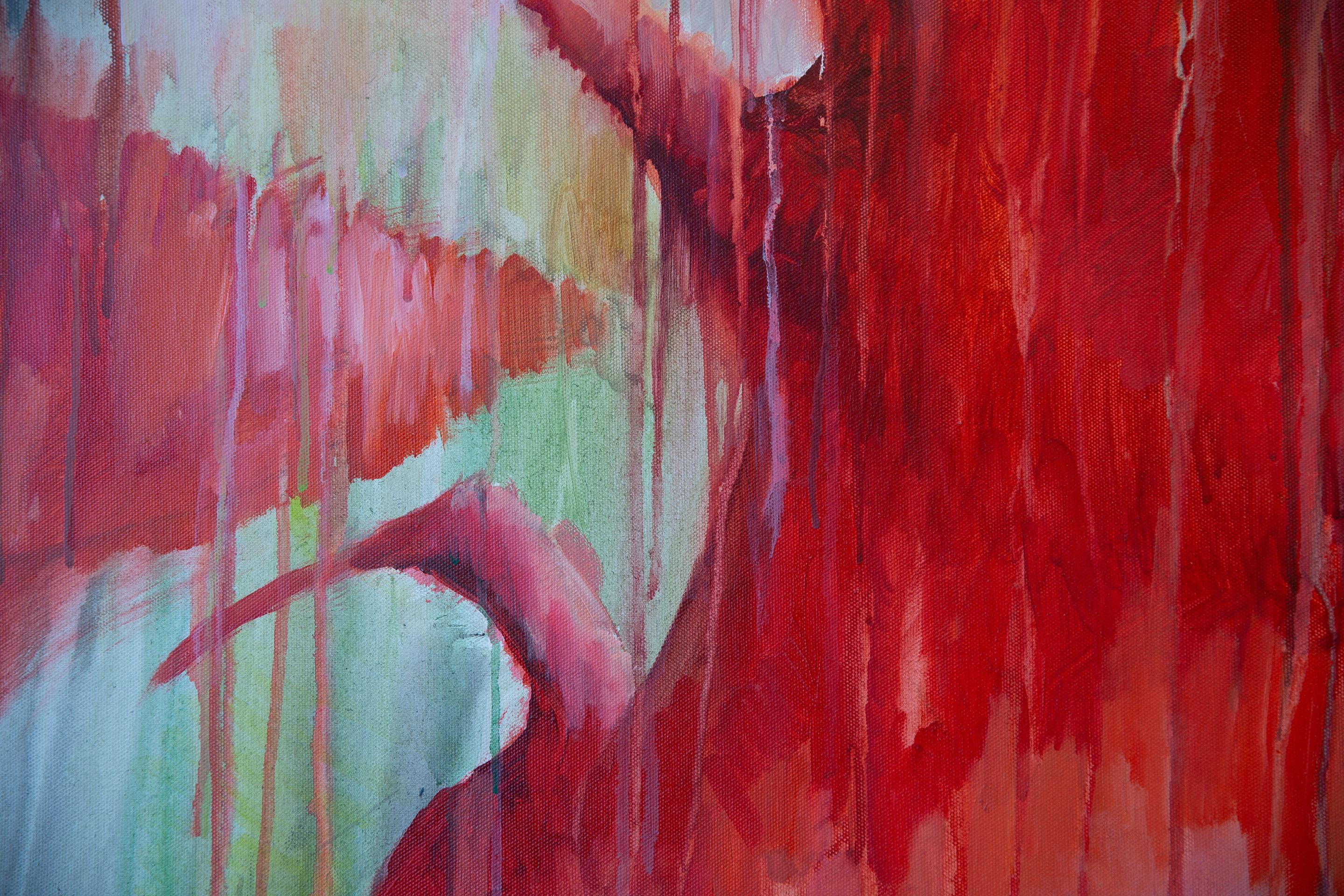 Ibis rojos. Pintura acrílica, gran formato, horizontal semiabstracta, pájaros. en venta 4