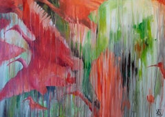 Ibis rosso. Pittura acrilica, grande formato, semi-astratta orizzontale, uccelli.