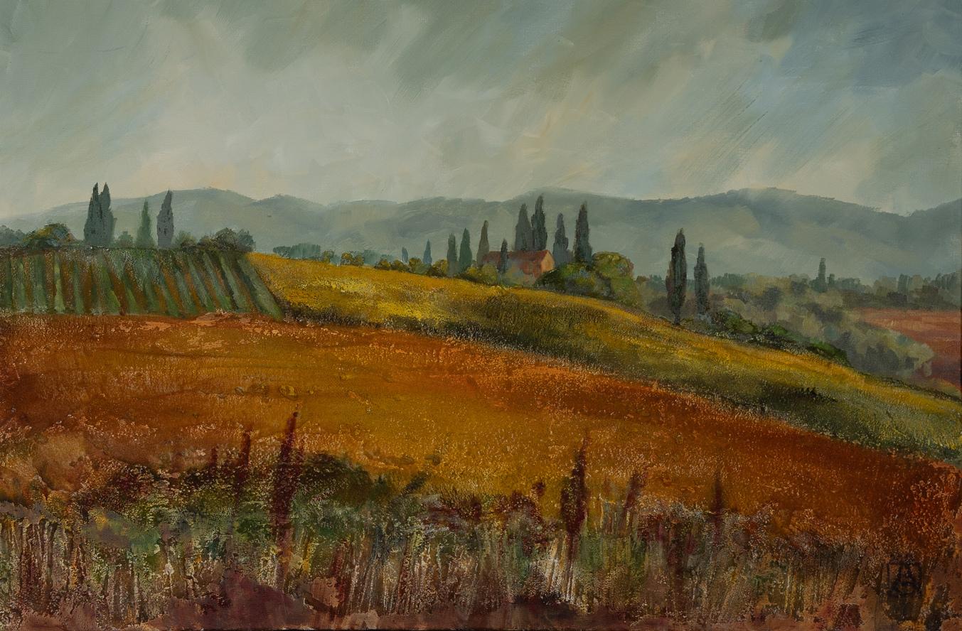 Anna Shesterikova Landscape Painting - Red Soil of Tuscany. Acrylic, impressionism, Italy, landscape, horizontal