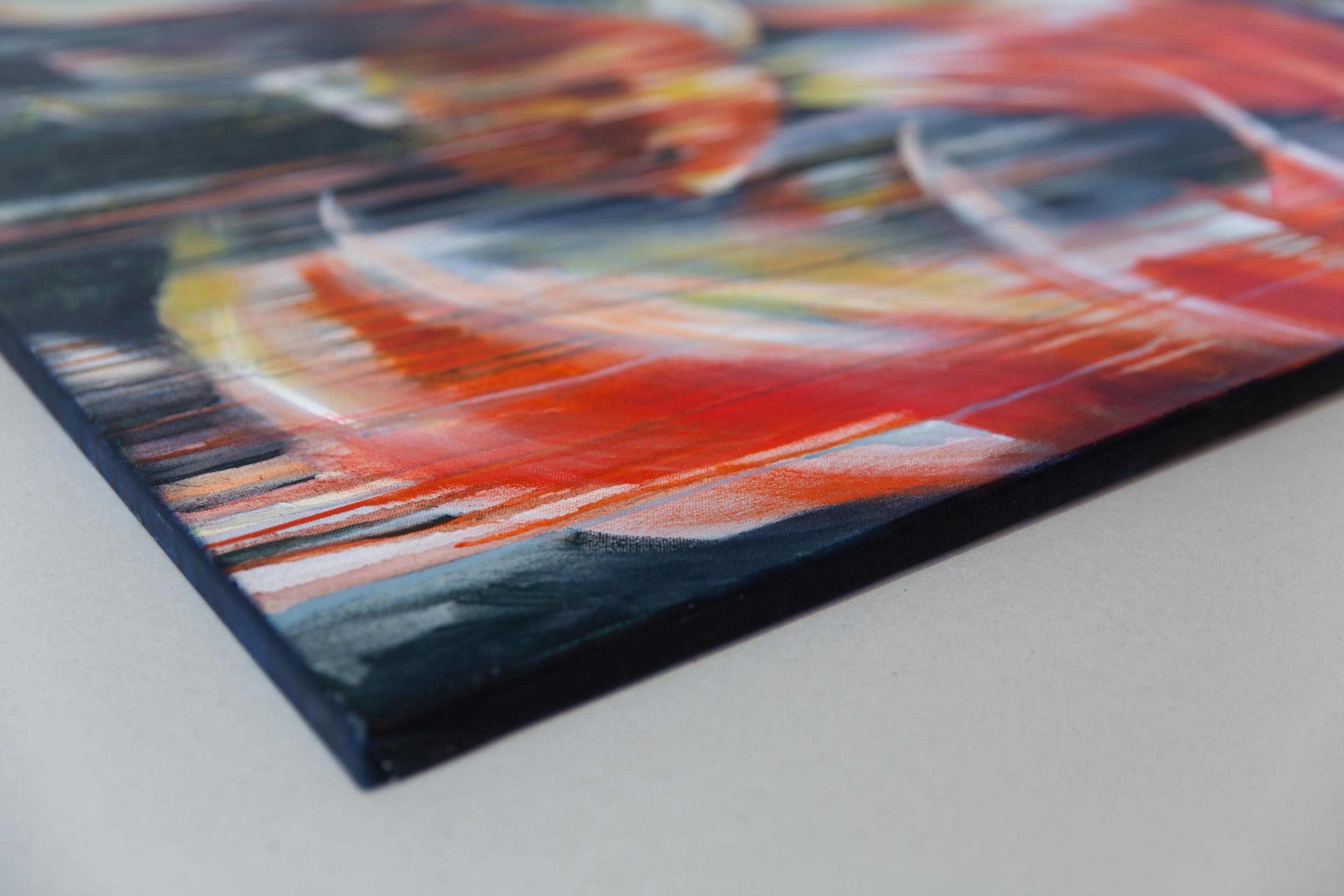 Zeit Fluss der Zeit. Horizontal, Großformat, Fisch, rot, halb-abstrakt, Design – Painting von Anna Shesterikova