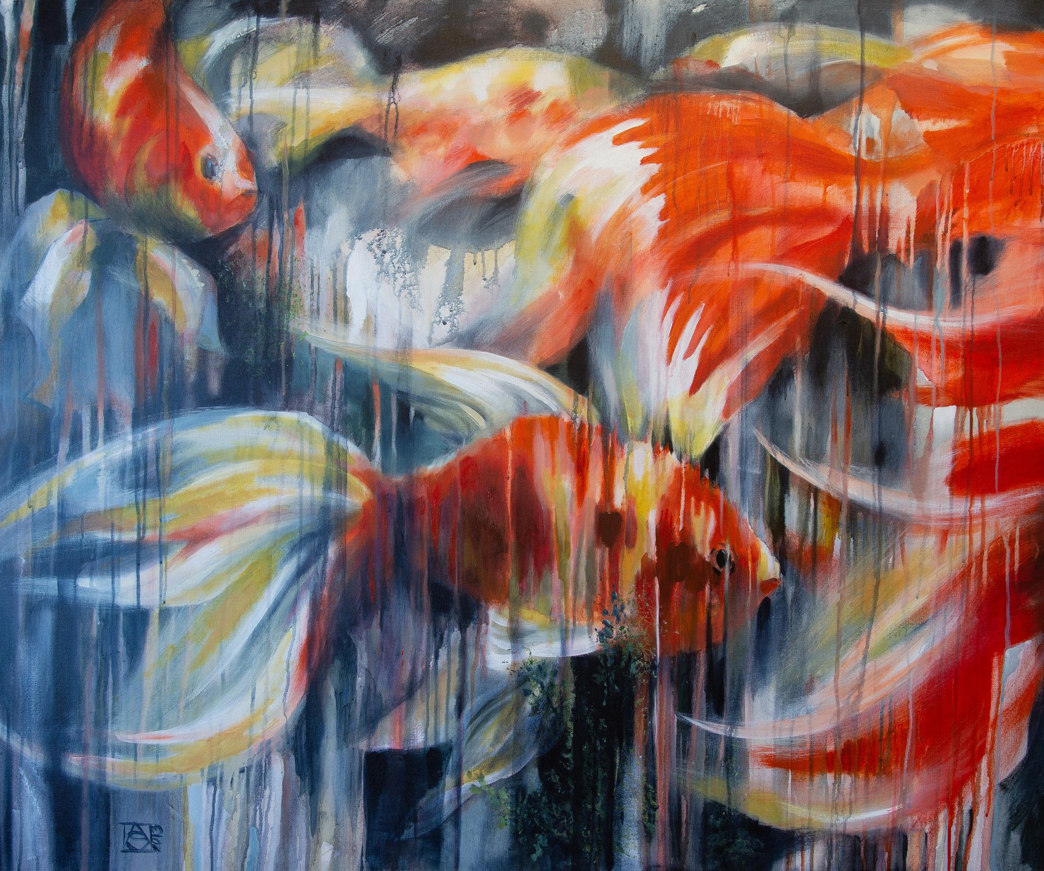 Animal Painting di Anna Shesterikova - Il fiume del tempo. Orizzontale, grande formato, pesce, rosso, semi-astratto
