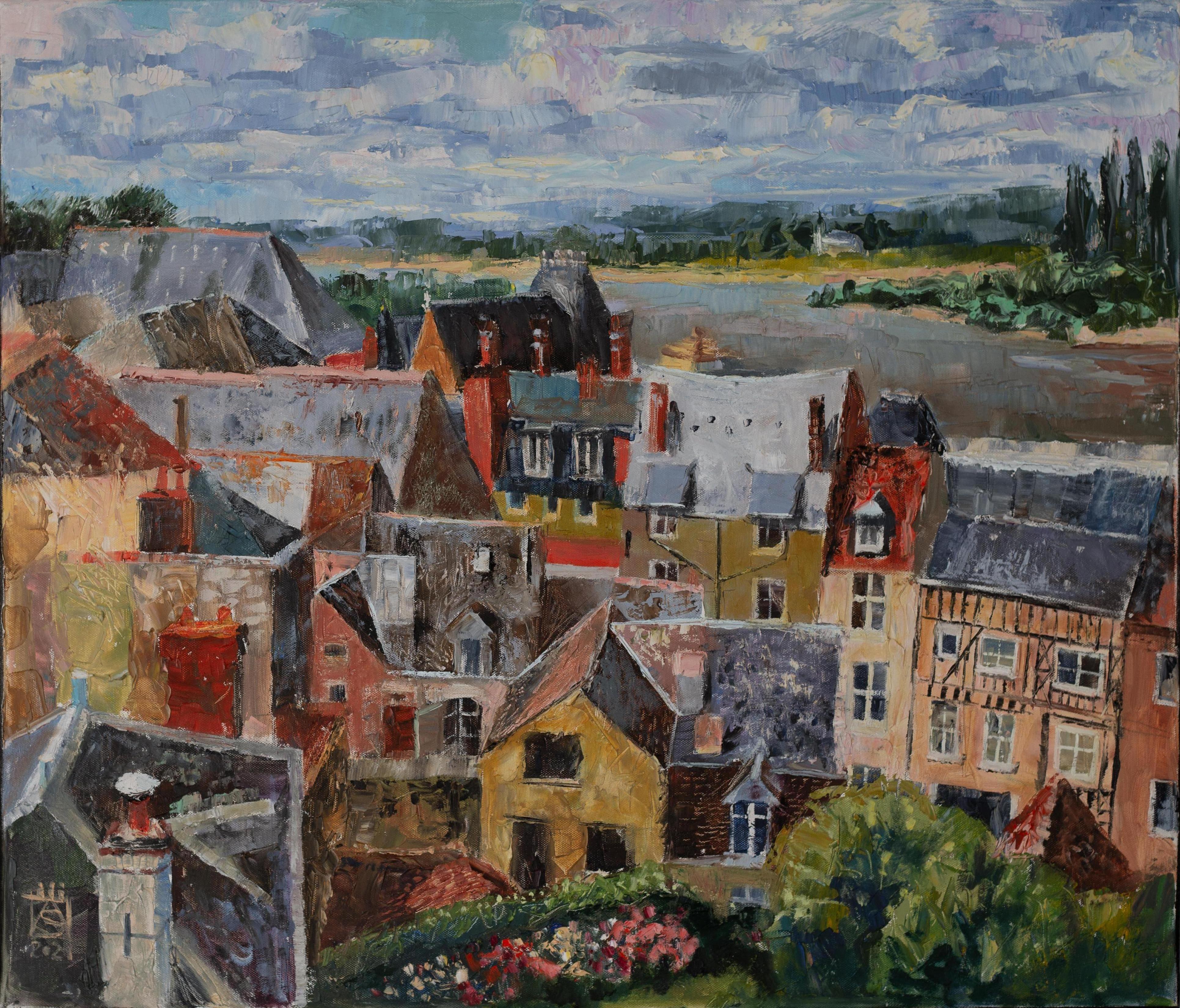 Anna Shesterikova Landscape Painting - Roofs of Amboise. Cityscape oil painting, France, horizontal, post-impressionism