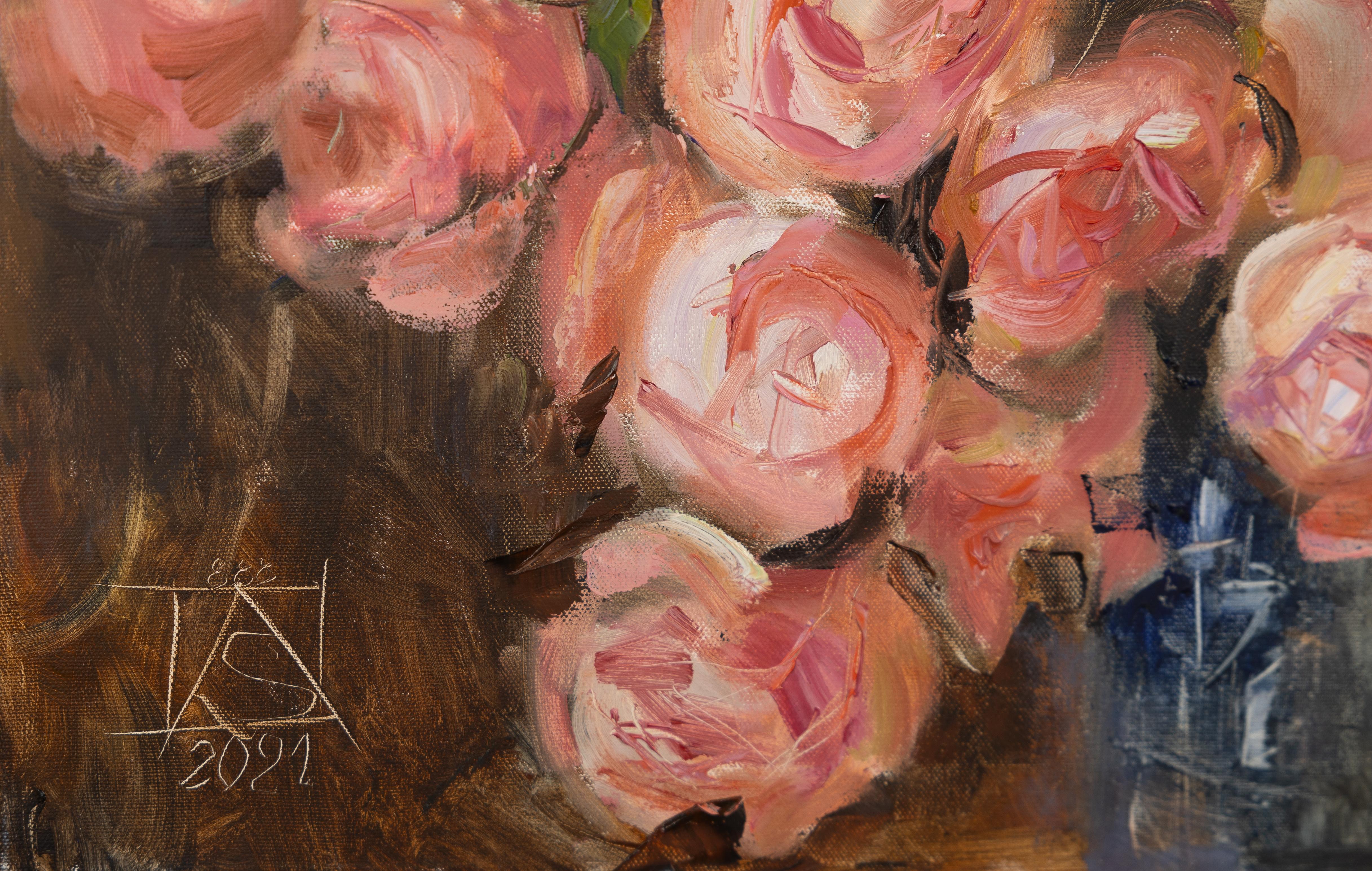 Roses. Flowers, vertical still life, oil. Pink. Gift. Floral. - Brown Still-Life Painting by Anna Shesterikova